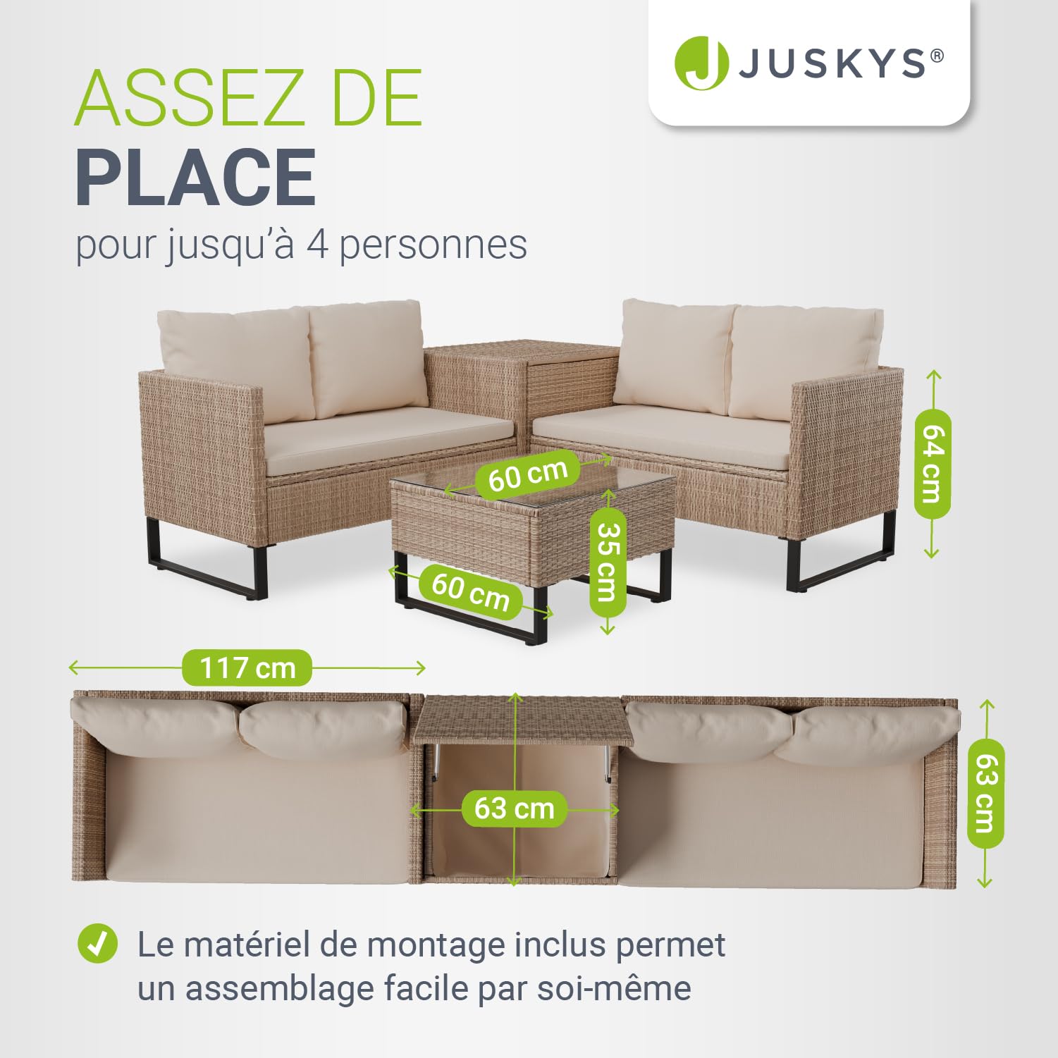 Juskys Coin Lounge extérieur Santorini en polyrotin - Salon de Jardin avec Table Basse et Coffre à Coussins - Meubles de Jardin en Imitation rotin résistant aux intempéries - Crème