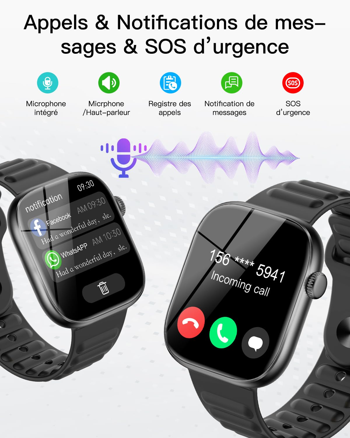 Marsyu Montre Connectée–Appels Bluetooth, Sport, Surveillance de la Santé | 1,83" HD Appels Notifications Musique. Suivi santé : fréquence cardiaque, SpO₂, sommeil et respiration, 100+ modes sportifs