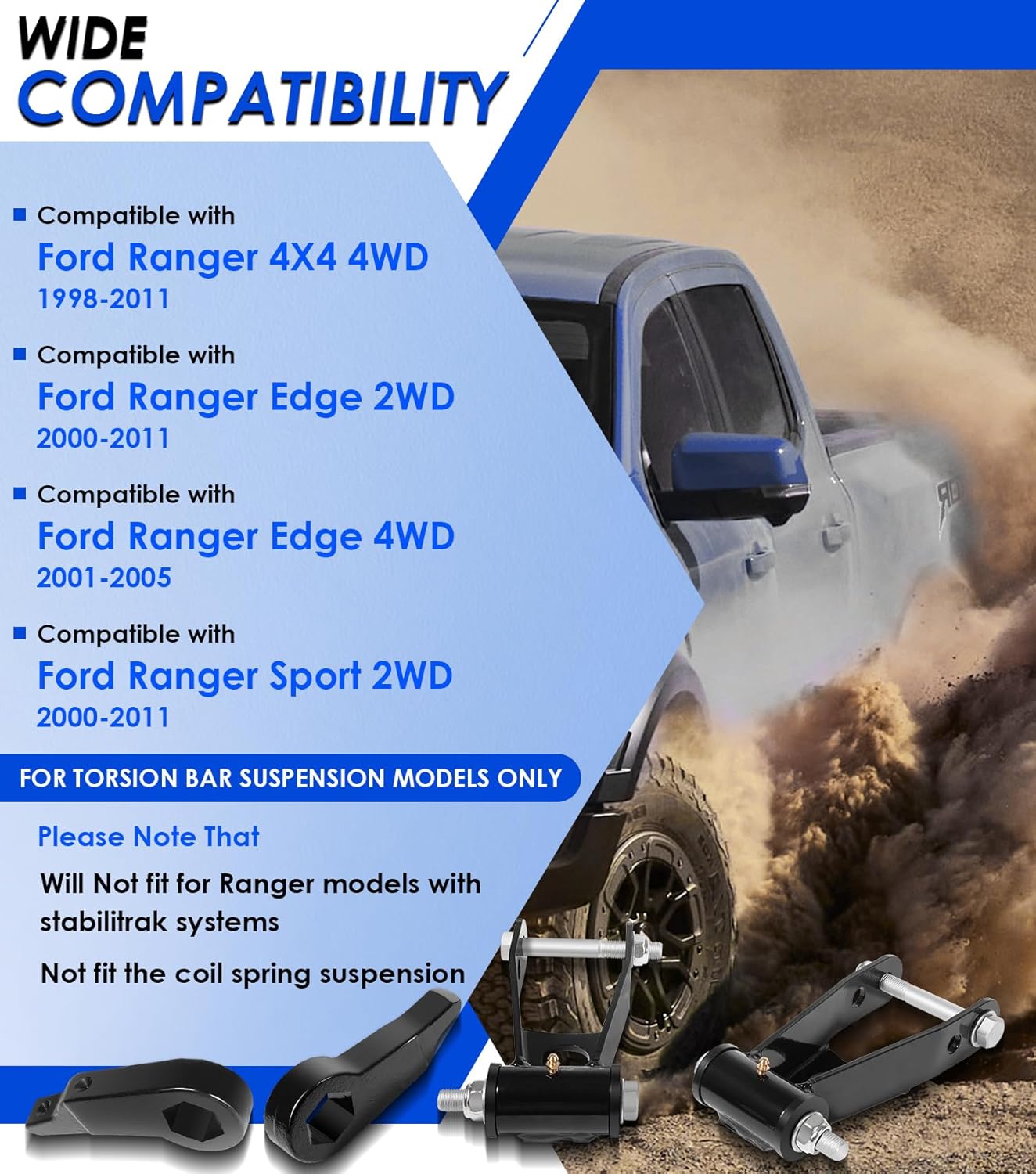 For Ford Ranger 3" Front 2" Rear Leveling Lift Kit, Adjustable Suspension Full Lift Kit for Ford Ranger 4X4 and 2WD Edge & Sport models 1998-2011, Torsion Bar Suspension Models ONLY