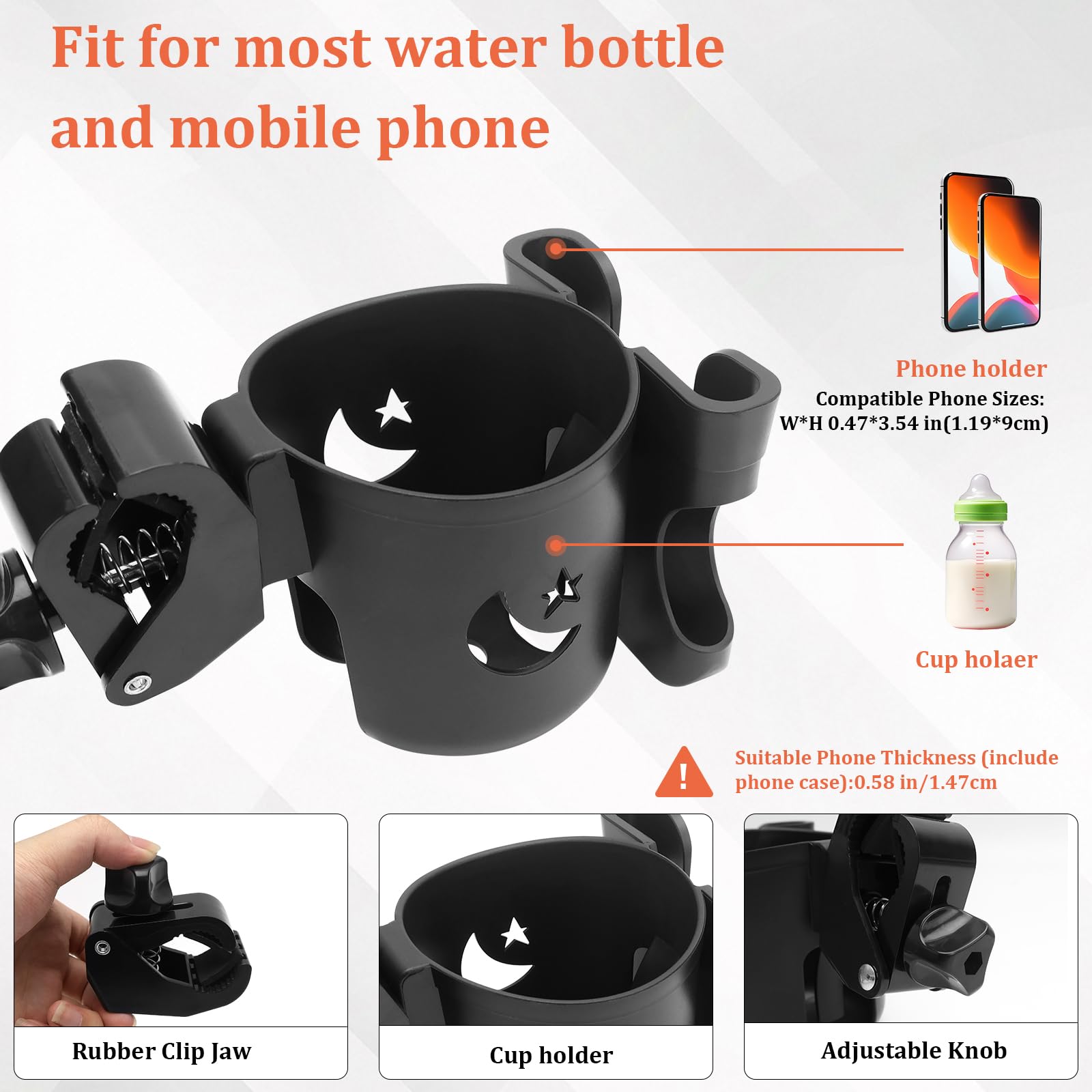 Soporte para bebidas del cochecito de bebé con funda para móvil Universal 2 en 1 Soporte para vasos Soporte para café Soporte para bebidas con 2 ganchos para cochecito de bebé, bicicletas