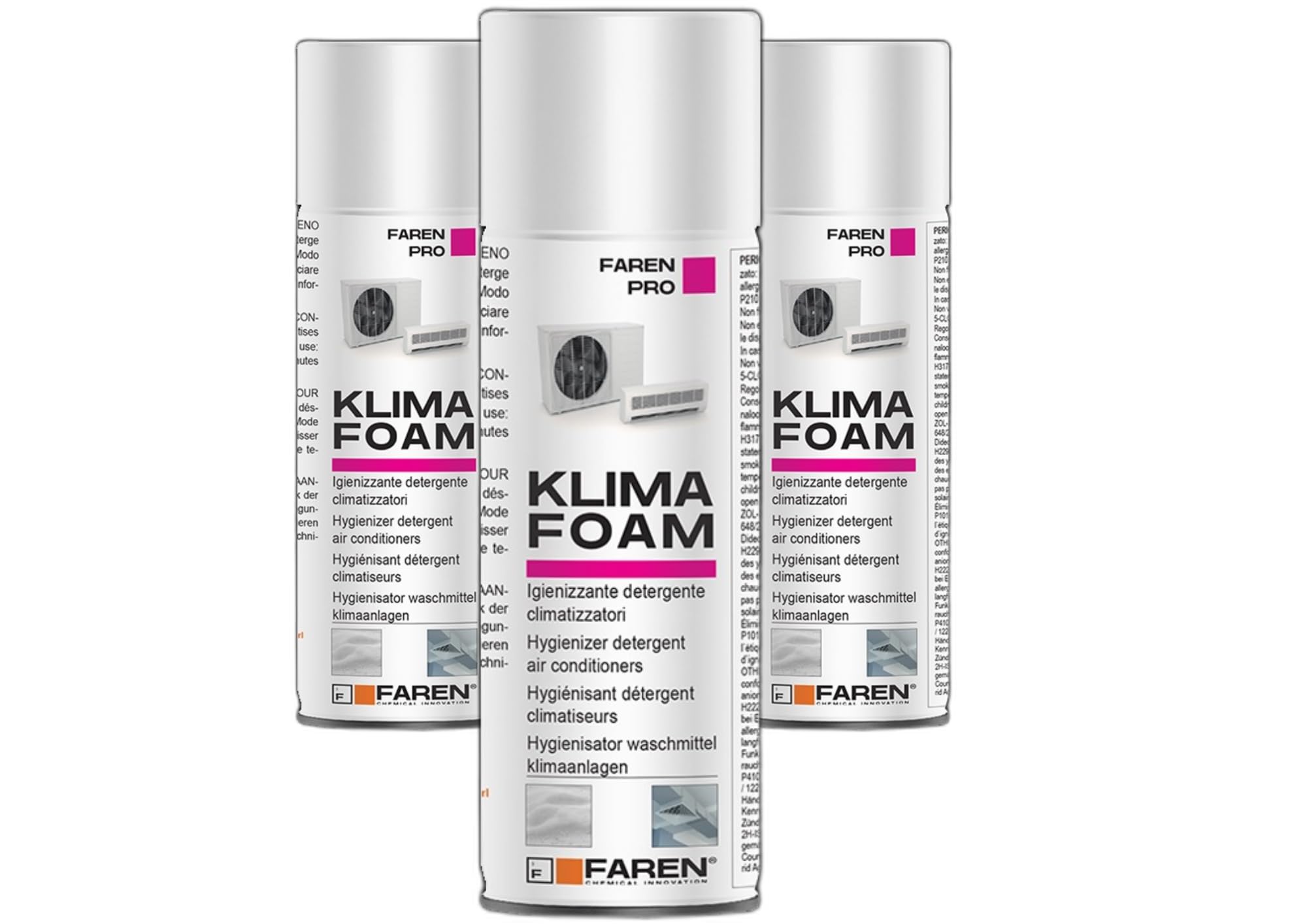 3 x KLIMA FOAM Faren, Detergente Igienizzante Spray Schiumogeno per Condizionatori,ideale per i pacchi alettati e filtri,disgrega lo sporco emulsionandolo, 400ml