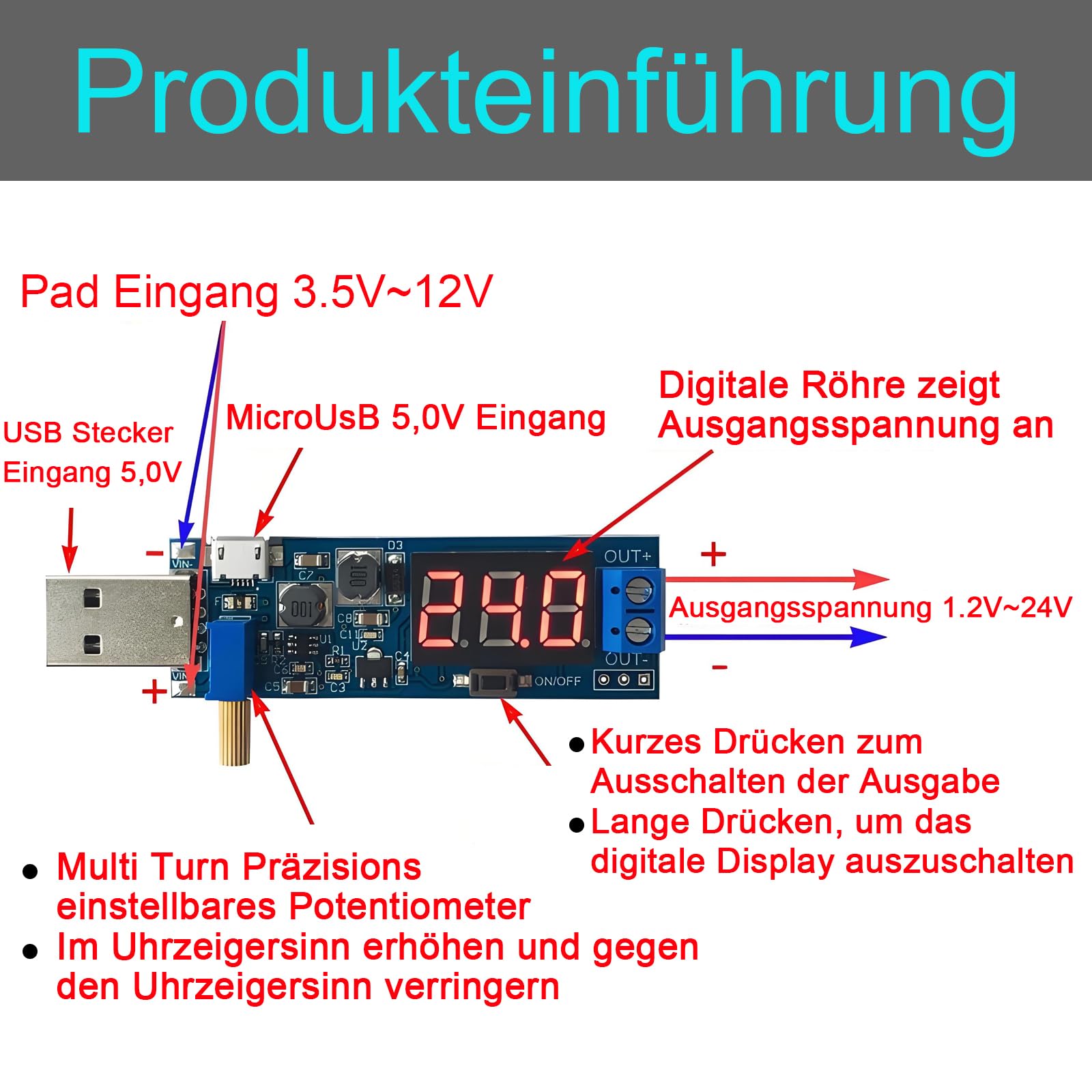 Youmile Modulo Di Alimentazione USB 15W DC-DC Buck Boost Convertitore Di Tensione DC 5V A 3.3V 9V 12V 24V 30V DP2 Step Up/Down Regolabile Con Cavo Di Prolunga USB - Foto 12