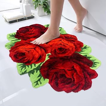 USTIDE Red Roses Rug, Red Bathroom Mat, Handmade Bathmat Floral Rugs for Bedroom, Thick & Washable Non-Slip Floor Carpets, 27.6 x 43.3Inch