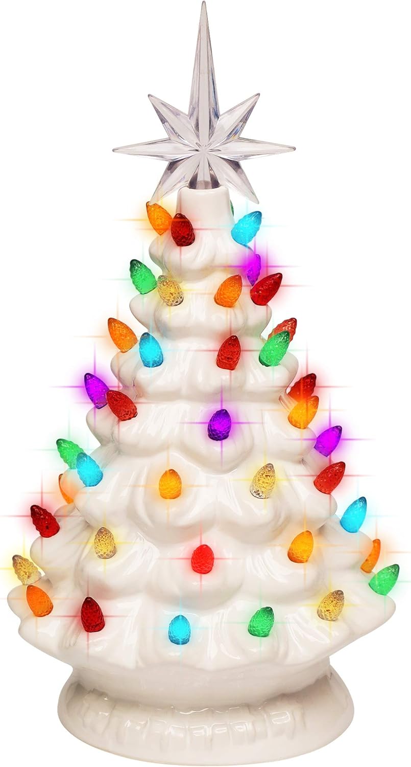 Blissun 10" Ceramic Christmas Tree, Tabletop Christmas Tree Lights Decorations with 54 Multicolored Lights and 7 Point Star Topper for Christmas Table Decorations, White