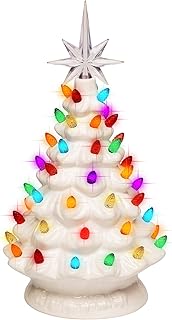 Blissun 10" Ceramic Christmas Tree, Tabletop Christmas Tree Lights Decorations with 54 Multicolored Lights and 7 Point Star Topper for Christmas Table Decorations, White