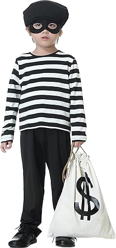 YuDanae 5Pcs Kids Robber Costume Set Bank Burglar Bandit Thief Role Play Halloween Costumes for Toddlers Kids Boys Aged 4-10