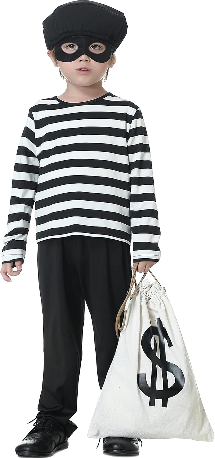 YuDanae 5Pcs Kids Robber Costume Set Bank Burglar Bandit Thief Role Play Halloween Costumes for Toddlers Kids Boys Aged 4-10