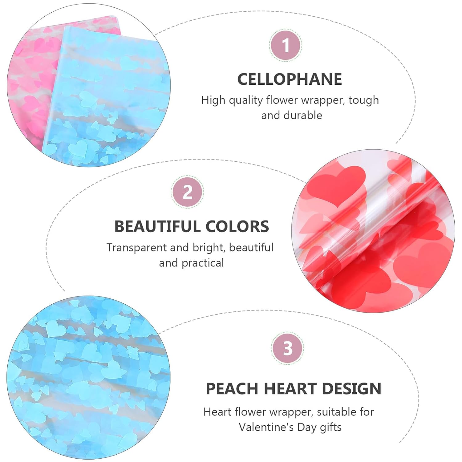 3 Packs Heart Pattern Flower Wrapping Paper Set, Pink Red Blue Floral Packaging Paper for DIY Bouquet Wrapping, Crafting, Florist Supplies, Valentine’s Day and Wedding Decor