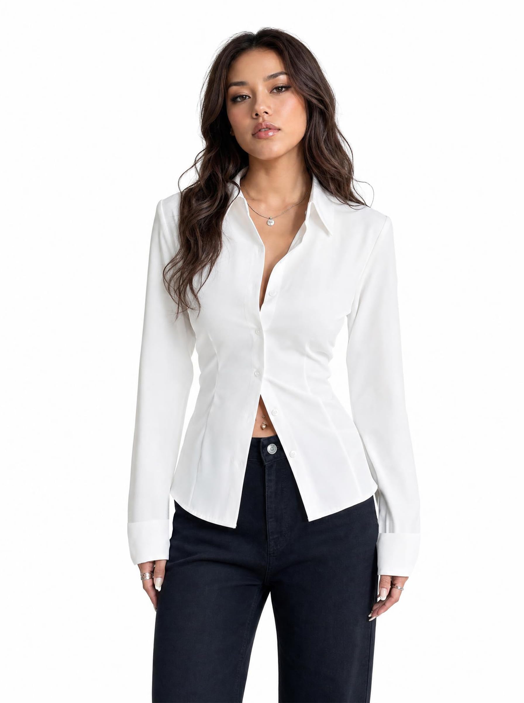 Women Polyester Modern Fit Solid Front Button Long Sleeve Casual Shirt with Tie Behind the Waist (1006)-image-4