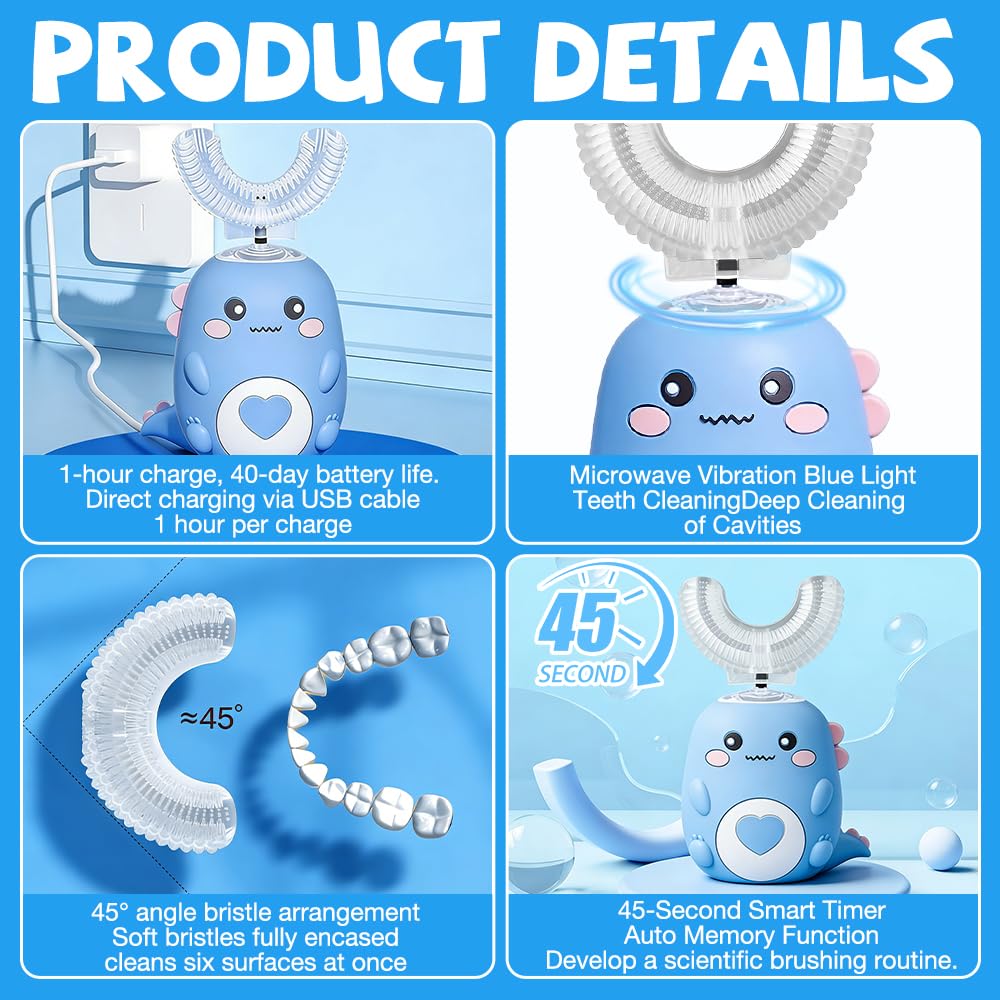 Cepillo Electrico Infantil 2-8 años, NAVESO Ultrasónico Cepillo de Dientes Eléctrico Niños en Forma de U, 360° Dinosaurios Electric Toothbrush Infantil con 3 Cabezales de Silicona