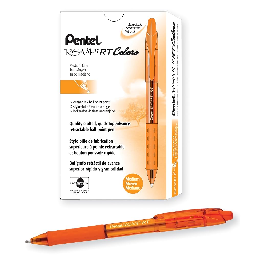 Pentel RSVP RT Colors Retractable Ballpoint Pen, (1.0mm) Medium Line, Barrel, Orange Ink, Box of 12 (BK93CRF-F)