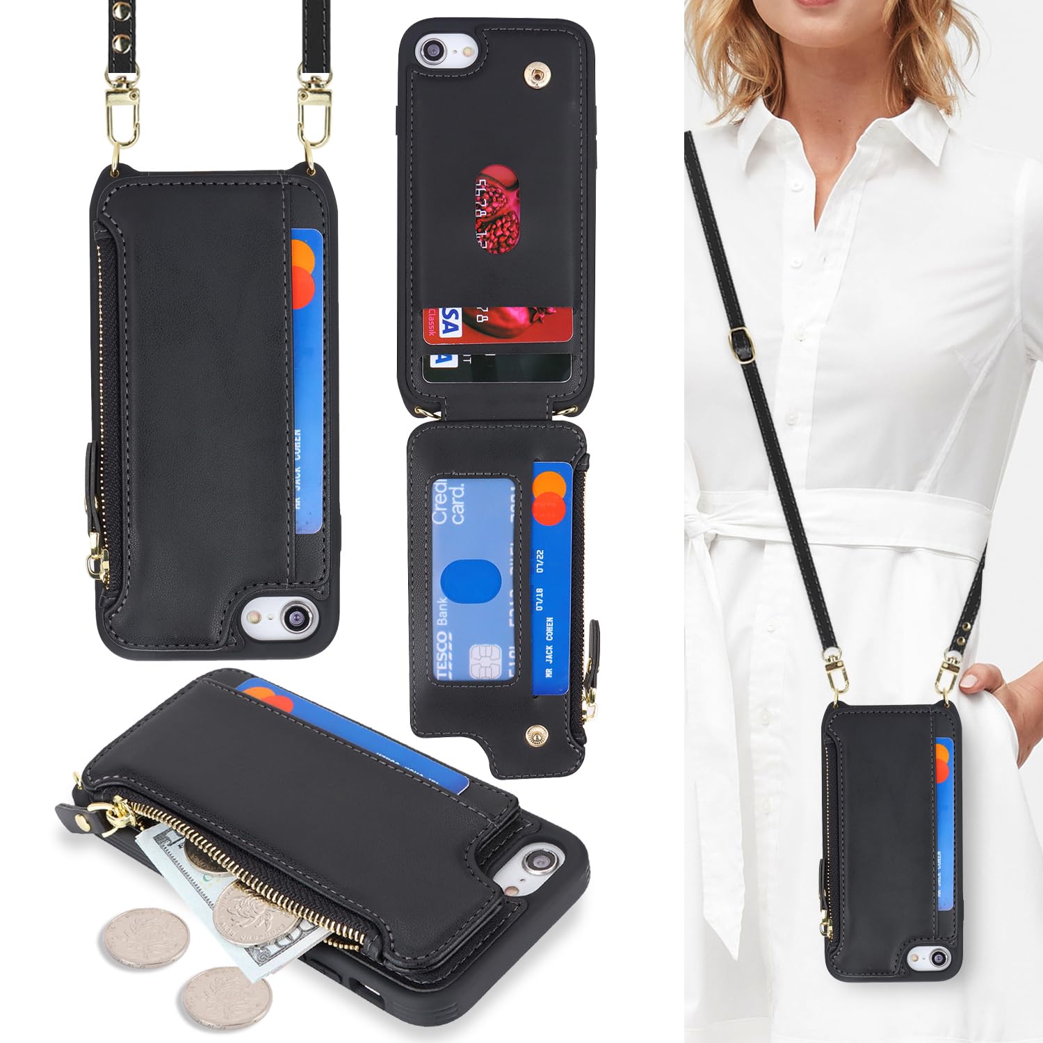 Cavor for iPhone 8 Plus Case with Card Holder,iPhone 8 Plus Wallet Case for Women,Phone Case iPhone 7 Plus Case with Strap,Crossbody Lanyard and Wristlet,Leather Zipper Pocket Case-Black