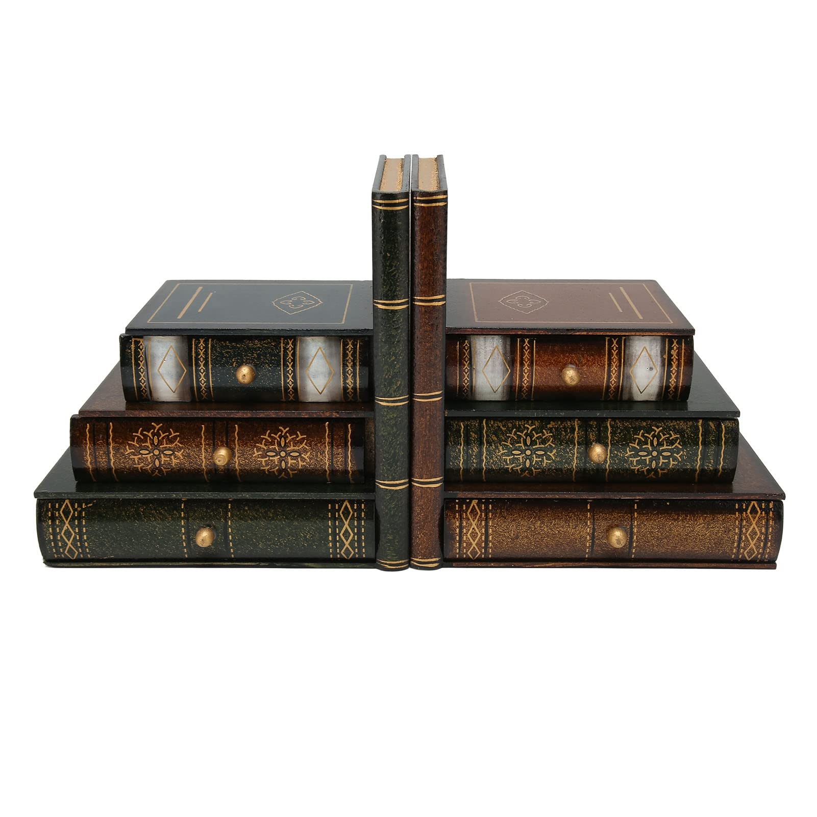 Porta libri in legno in stile retrò con cassetti, fermalibri per mensole, supporto decorativo per libri con 3 cassetti di storage ciascuno, organizzatore da scrivania per la casa e
