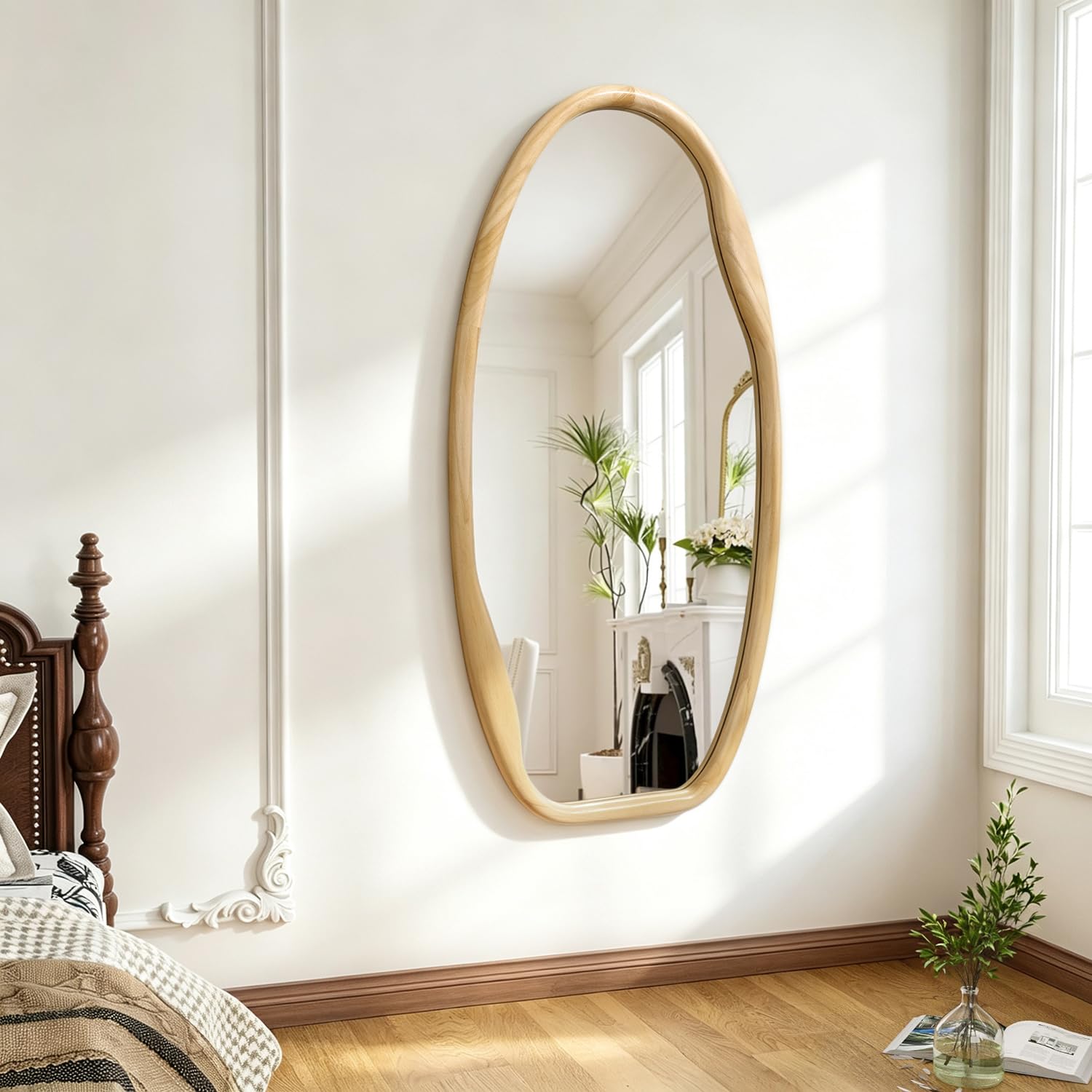 JJUUYOU Espejo de pared con marco de madera irregular, espejos asimétricos para pared, 100 x 50 cm, espejo decorativo de madera para colgar en baño, dormitorio, sala de estar, guardarropa, entrada