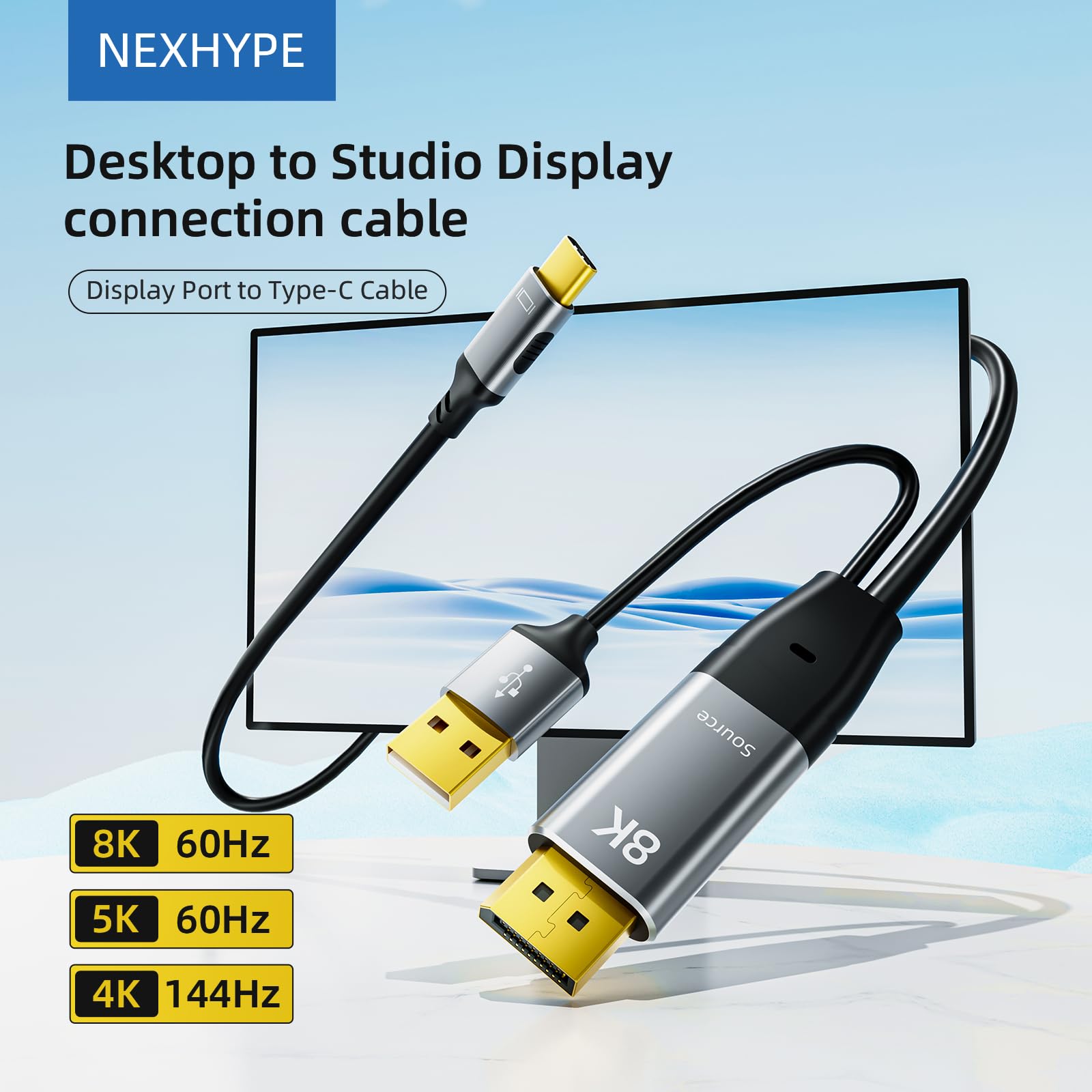 DisplayPort auf USB-C Kabel 8K @ 60Hz, DP auf Typ-C-Stecker Kabeladapter 2 m Konverter für Apple Studio Display, tragbarer Bildschirm, AR-Brille, USB-C-Display-Gerät Konvertierungskabel