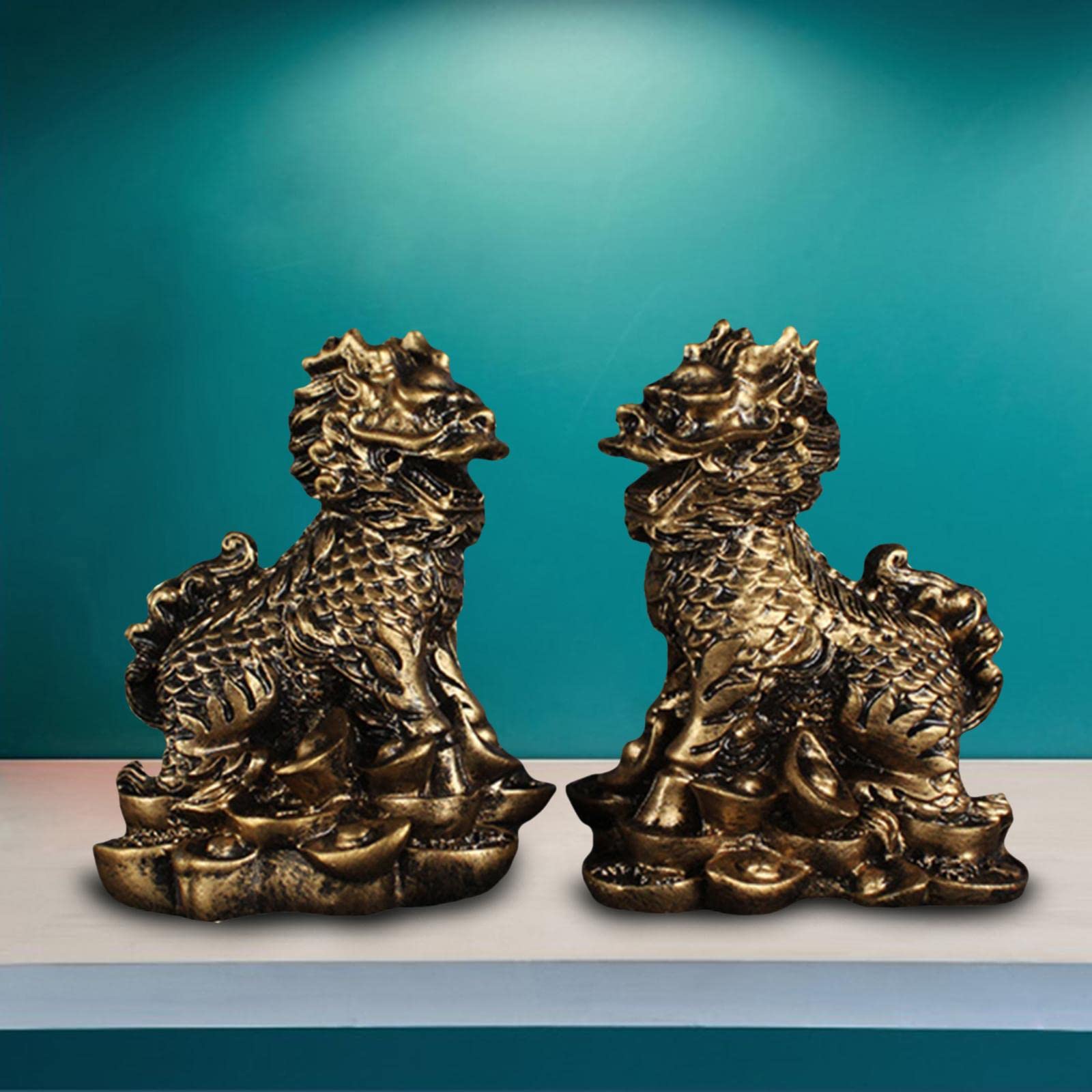 CALANDIS® 1 Pair Chinese Copper Fengshui Kylin Chi-Lin Qilin God Beast Statue for Home Copper 5.5X7Cm