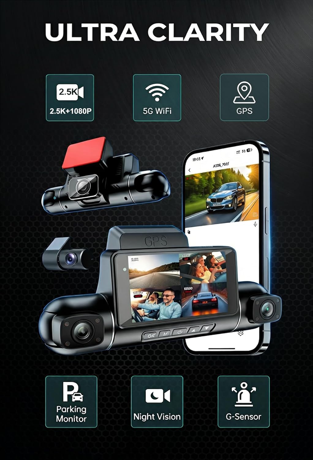 4 Channels 360°Dash Cam,2.5K+1080P Front and Rear Camera for Cars, Built-in G-Sensor, Car Recorder with GPS and 128G Card, 24H Parking Monitor,Loop Recording, Night Vision,Support WiFi/APP Control，