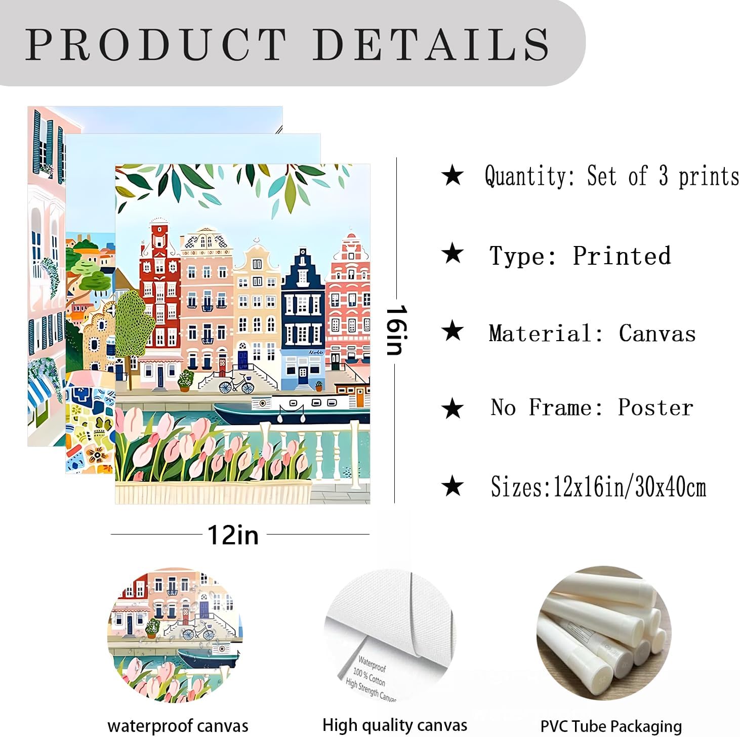 Chmylon Vintage Travel Posters Set of 3, Amsterdam, Venice and Barcelona City Wall Art, Colorful European Canvas Prints for Living Room, Bedroom and Home Decor, 12 x 16 Inches, Unframed image 4