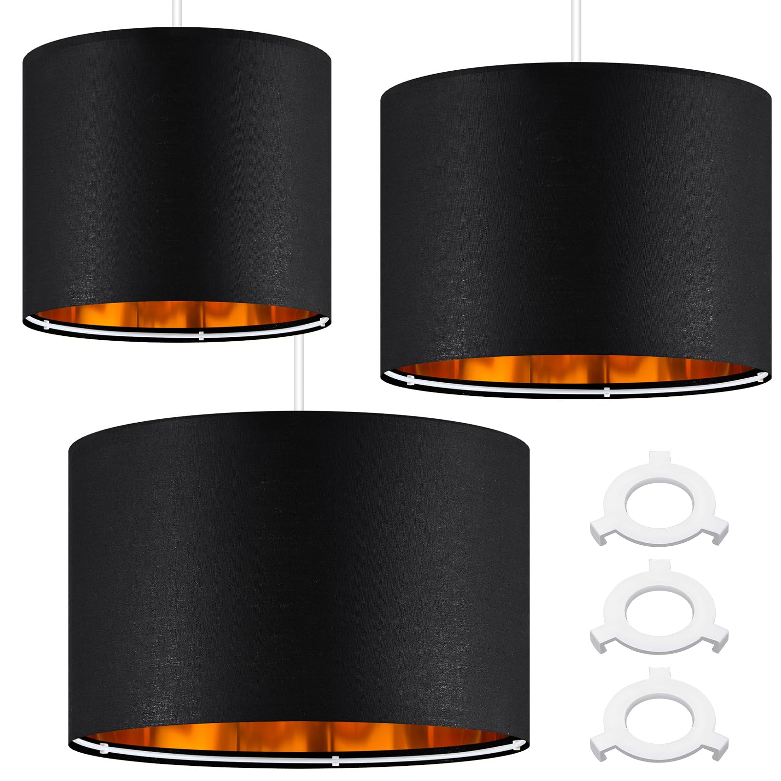Weewooday 3 Pack Black Lampshade for Ceiling Modern Golden Inner Drum Lamp Shade with E27 to E14 Lamp Shade Adapter Ring for Pendant Lights Table or Bedside Floor Lights