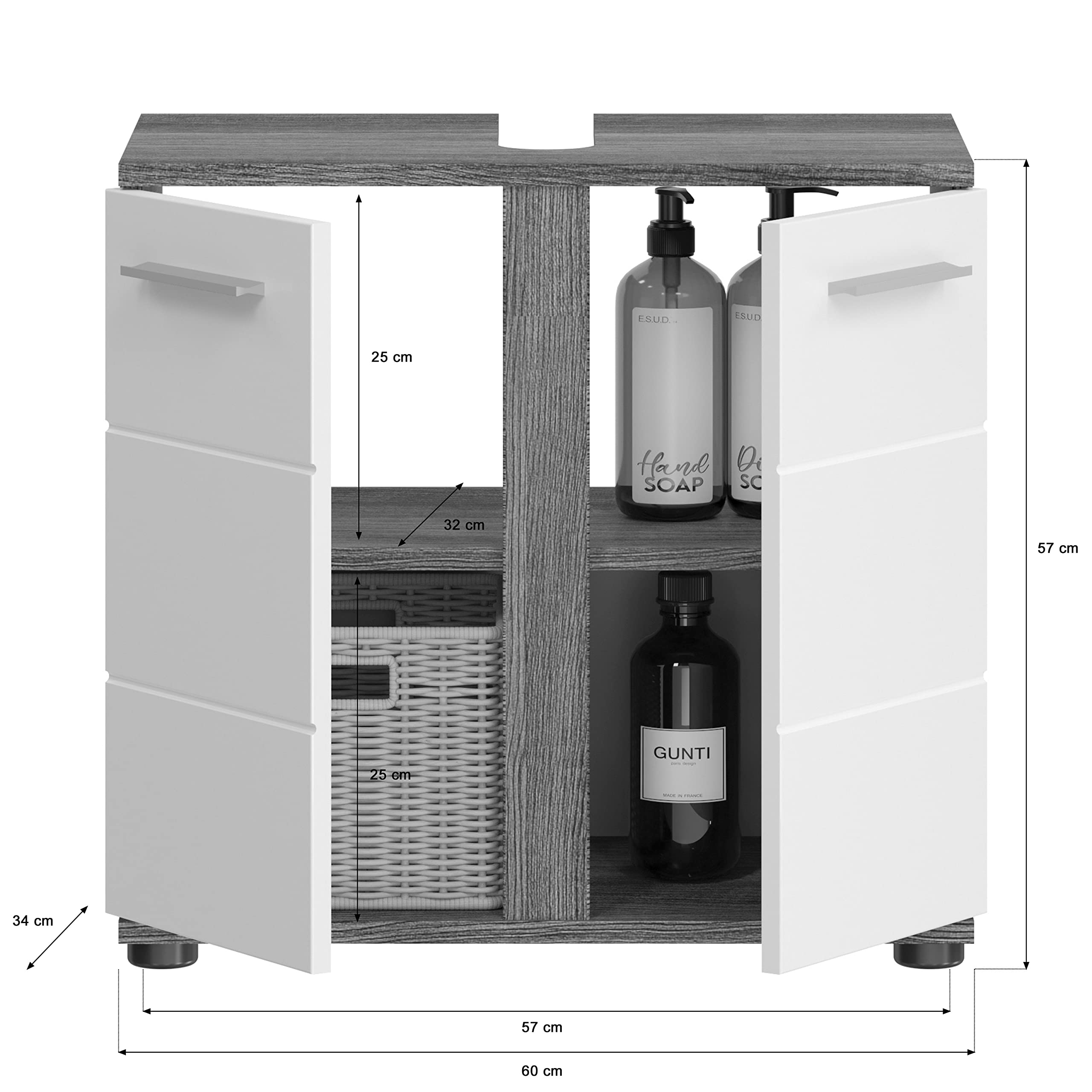 xonox.home Badezimmer Blake 3tlg. Kombination Badmöbel Set Set für kleine Bäder Komplettprogramm Badezimmer Bademöbel-Set in weiß Hochglanz, rauchsilber Nachbildung