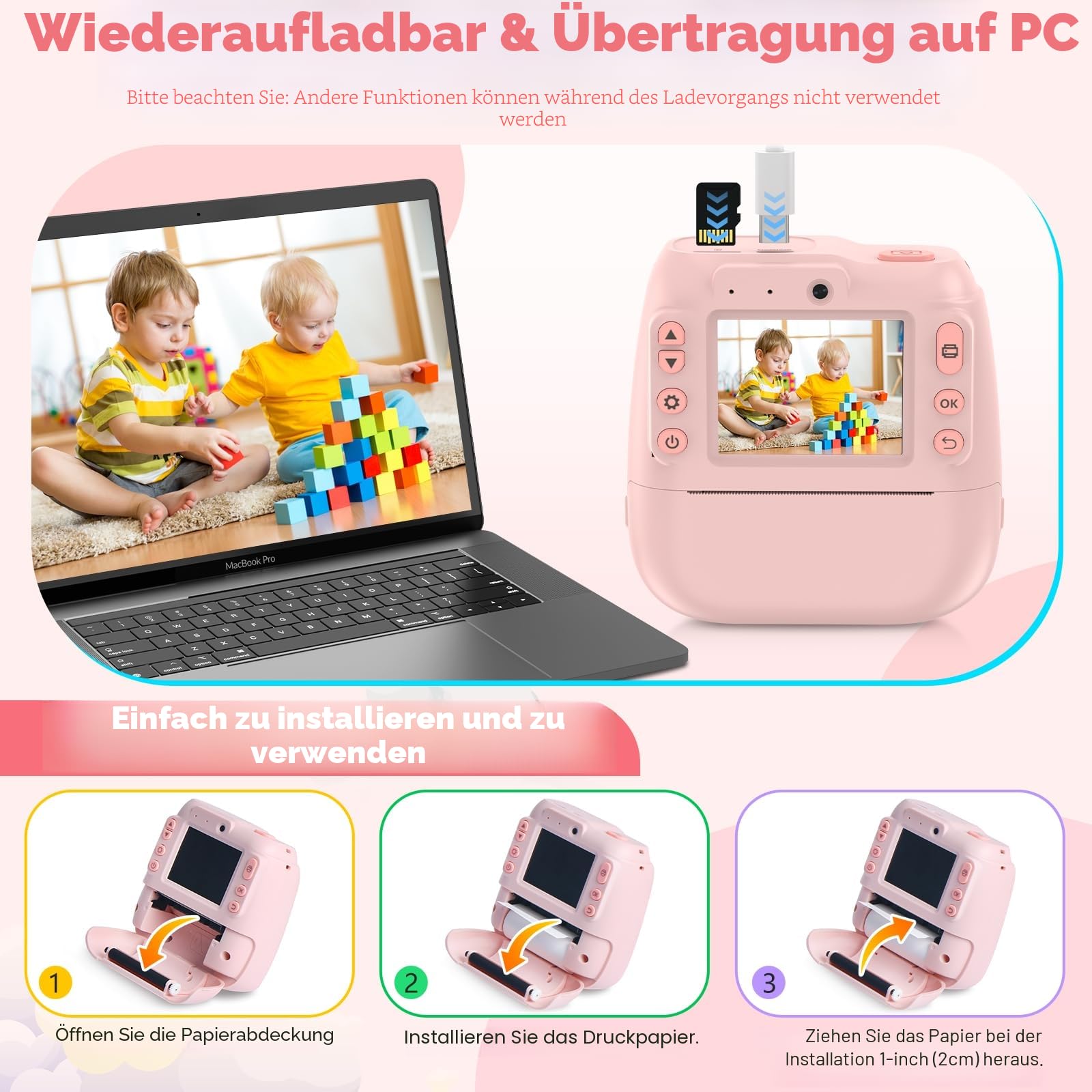 Sofortbildkamera Kinder, 1080P Kinderkamera Sofortbildkamera mit 32GB Karte & 3 Bände Druckpapier, 48MP 2,4 Zoll Kamera Kinder Sofortdruck, Geschenke für Jungen und Mädchen 3-12 Jahren