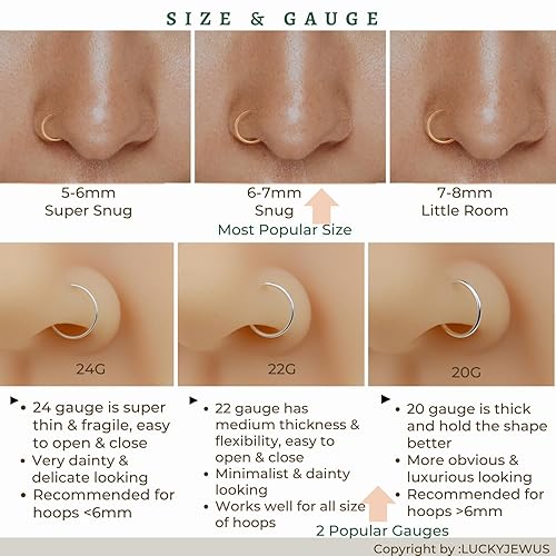 Miniatura 5 de Gold Silver Small thin nose ring hoop 20G 20 22 gauge stud nostril piercing jewelry for Women, 14k Gold filled or 925 sterling silver nose hoop (14k