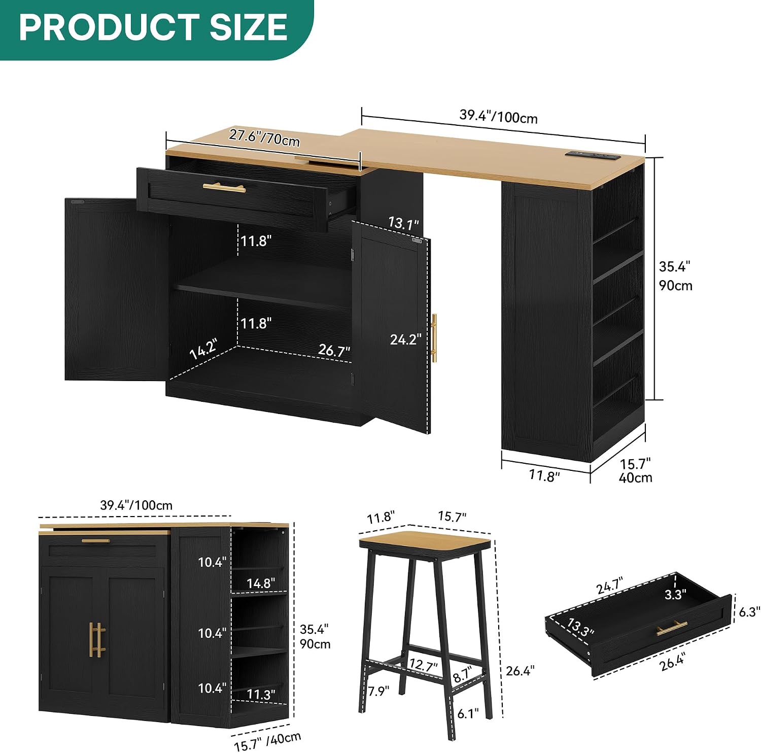Product size diagram with detailed measurements for YITAHOME Kitchen Island
