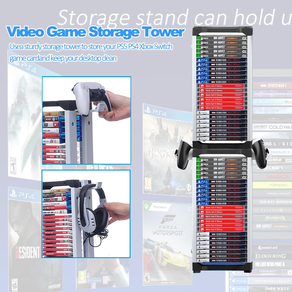 Torre di Stoccaggio per Giochi Compatibile con PS5/ Xbox Serie S e X/Switch, Universale Stoccaggio dei CD del Gioco Supporto Contiene 46 Giochi, inclusi 2 Supporti per Cuffie