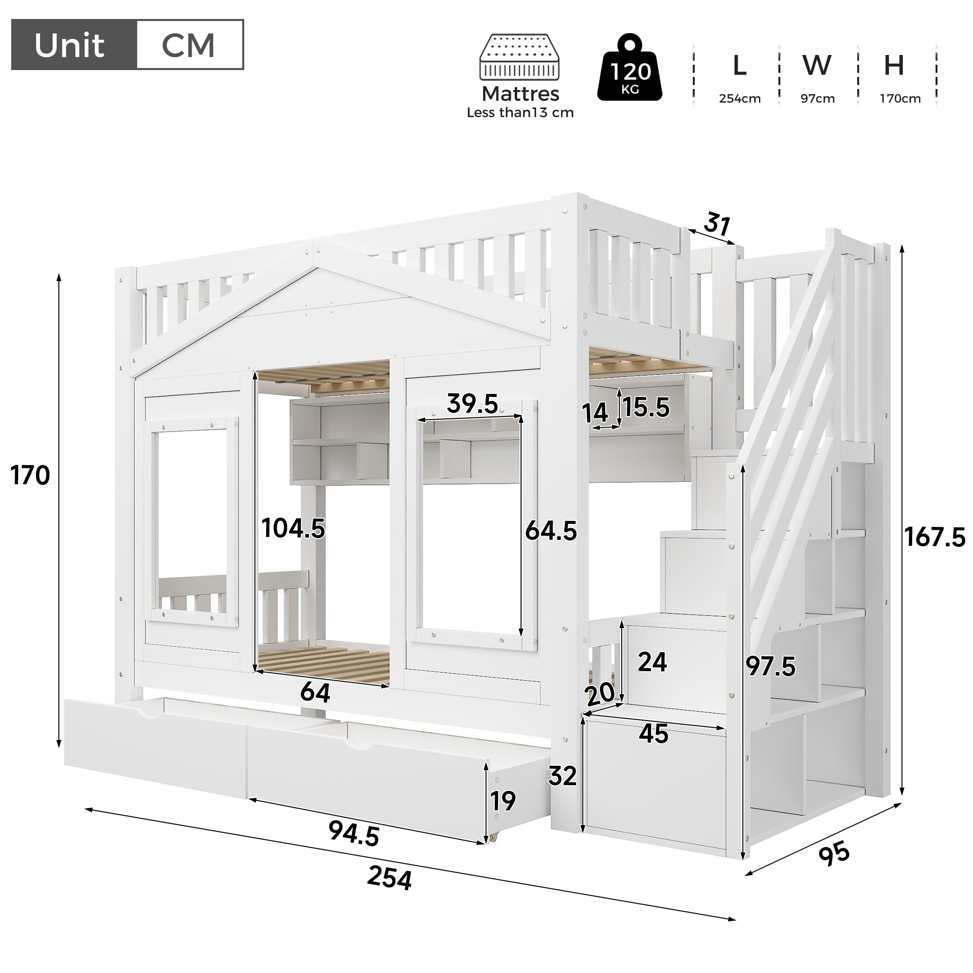 Merax Lit superposé 90 x 200 cm avec escalier de rangement, tiroir, fenêtre, blanc (sans matelas)
