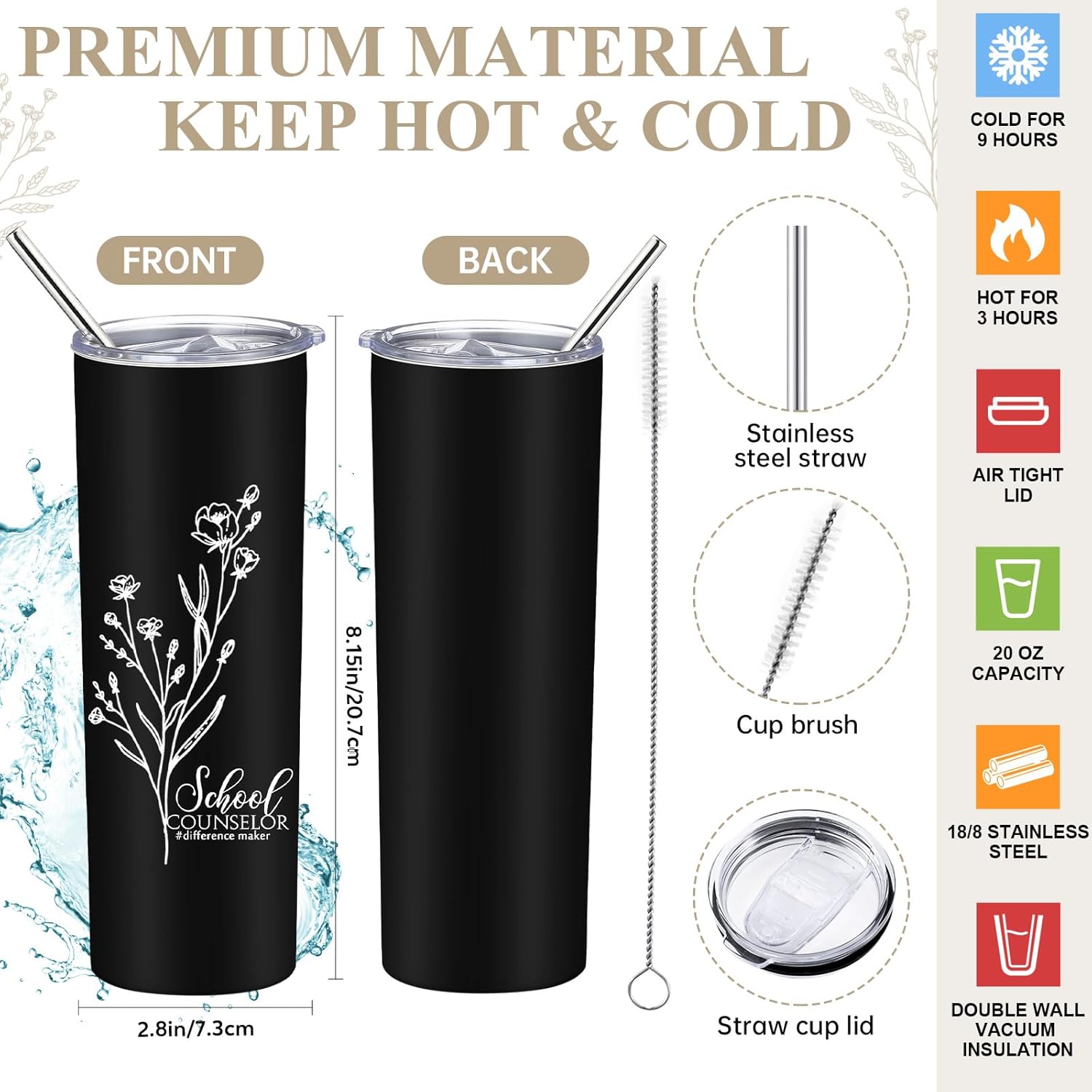 6 Pcs School Counselor Appreciation Gift Set for Women Thank You Gifts 20 oz Boho Flower Tumbler Makeup Bag Journal Ballpoint High School Teacher Educator Work(Black, Counselor) - Image 7