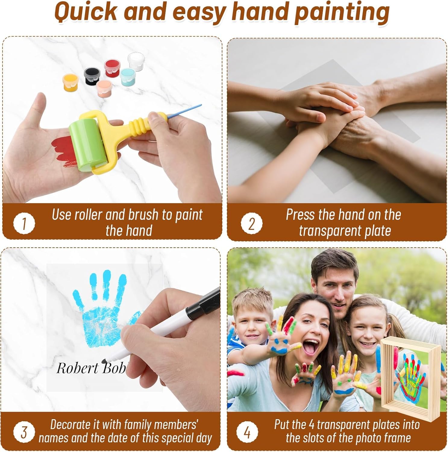 Tapvai Familien Handabdruck Set,mit Platz für 4,Bastel-Fotorahmen aus Holz Handabdruck Set,mit 6 Acrylfarben,für Werdende und Frischgebackene Eltern | aus Holz Handabdruck Set,mit 6 Acrylfarben,für Werdende und Frischgebackene Eltern