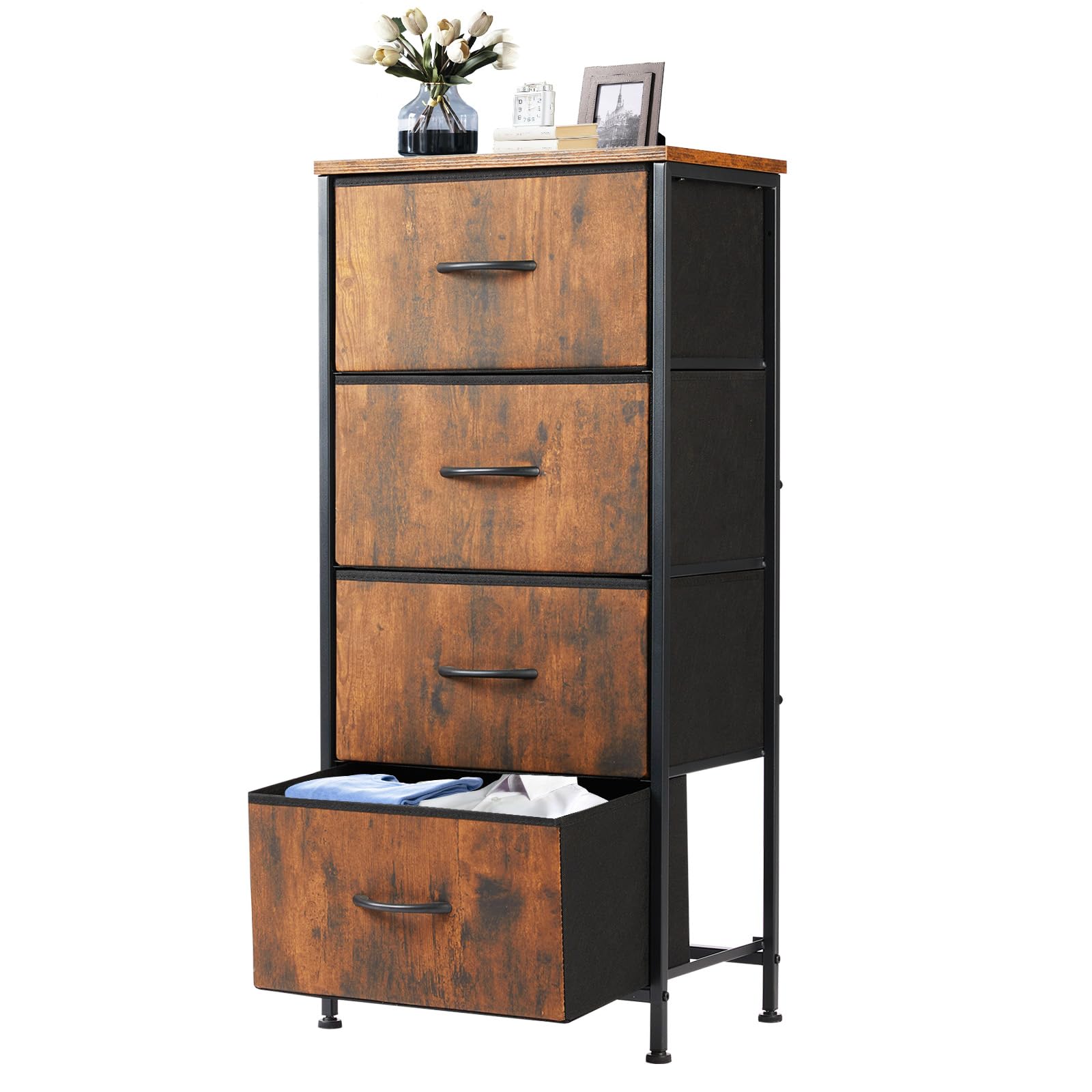 DUMOS Nightstand with 4 Drawers Bedside Table with Removable Fabric Bins Sturdy Steel Frame Wood Top Organizer Furniture for Bedroom Closet Living