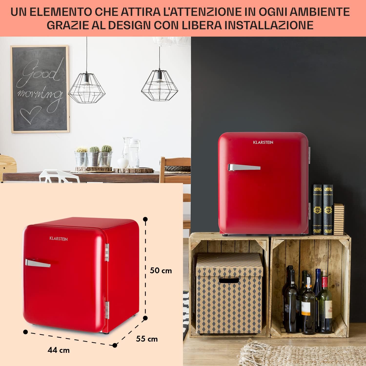 KLARSTEIN Audrey Retro - Frigorifero Combinato, Frigo 194 L, Congelatore 56 L, Freezer 4 Stelle, Classe E, Zona Crisper 0°C, Portabottiglie, Rosso [Classe di efficienza energetica E]