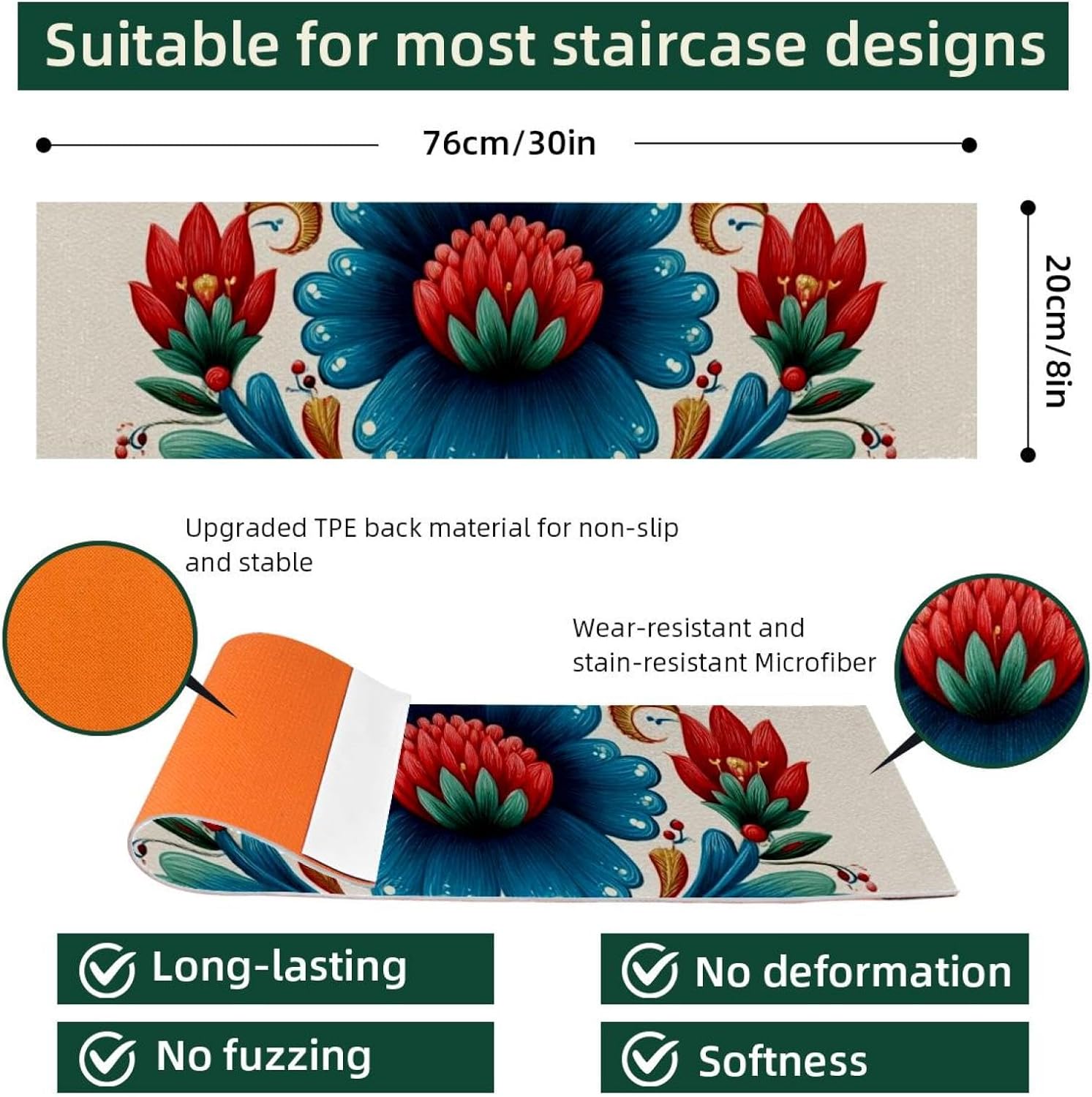 15 Pack Stair Treads for Wooden Steps, Indoor Non-Slip Staircase Step Treads Carpet Mat, Norwegian Rosemaling Folk Style Flower (62) Stair Mats for Pets Dogs Elders 8x30In