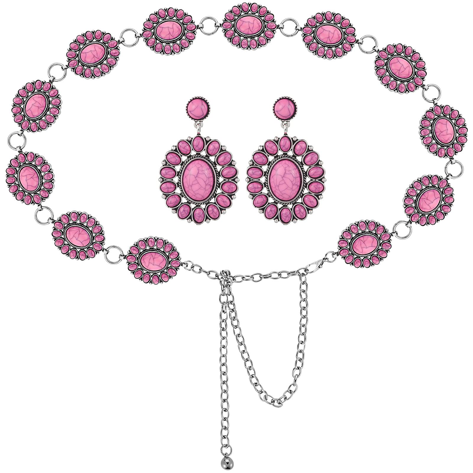 Cinturón de cadena de concha turquesa de metal occidental para mujer, estilo bohemio, 1.2 x 2 pulgadas, aretes de gota turquesa, [Metal, Turquesa artificial]