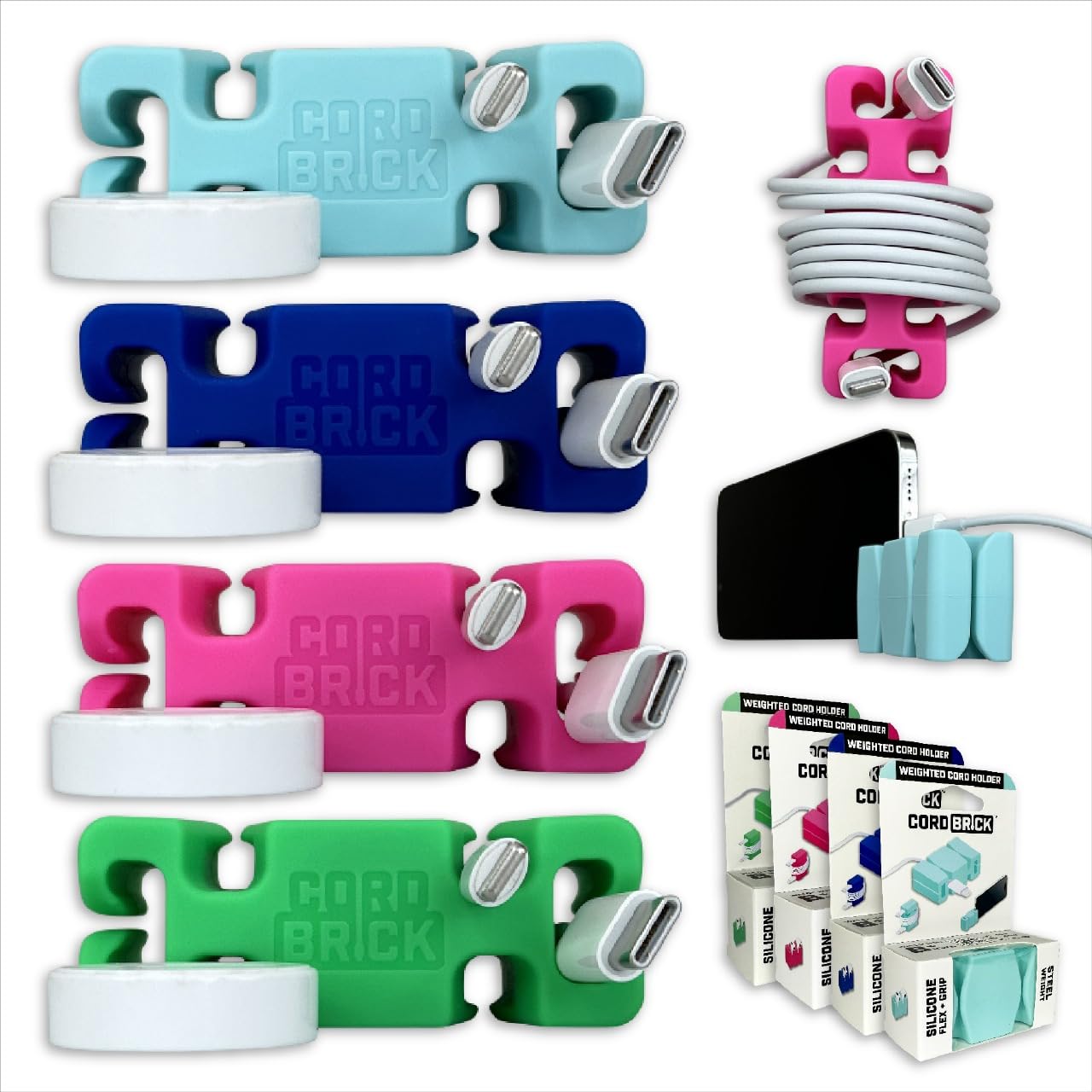 CordBrick 4pk Weighted Cord Holder for Nightstand - Phone Charger Cable Management for Travel - Phone Accessory Stocking Stuffers for Adults - Multipurpose Gift for Home, Office, Assorted