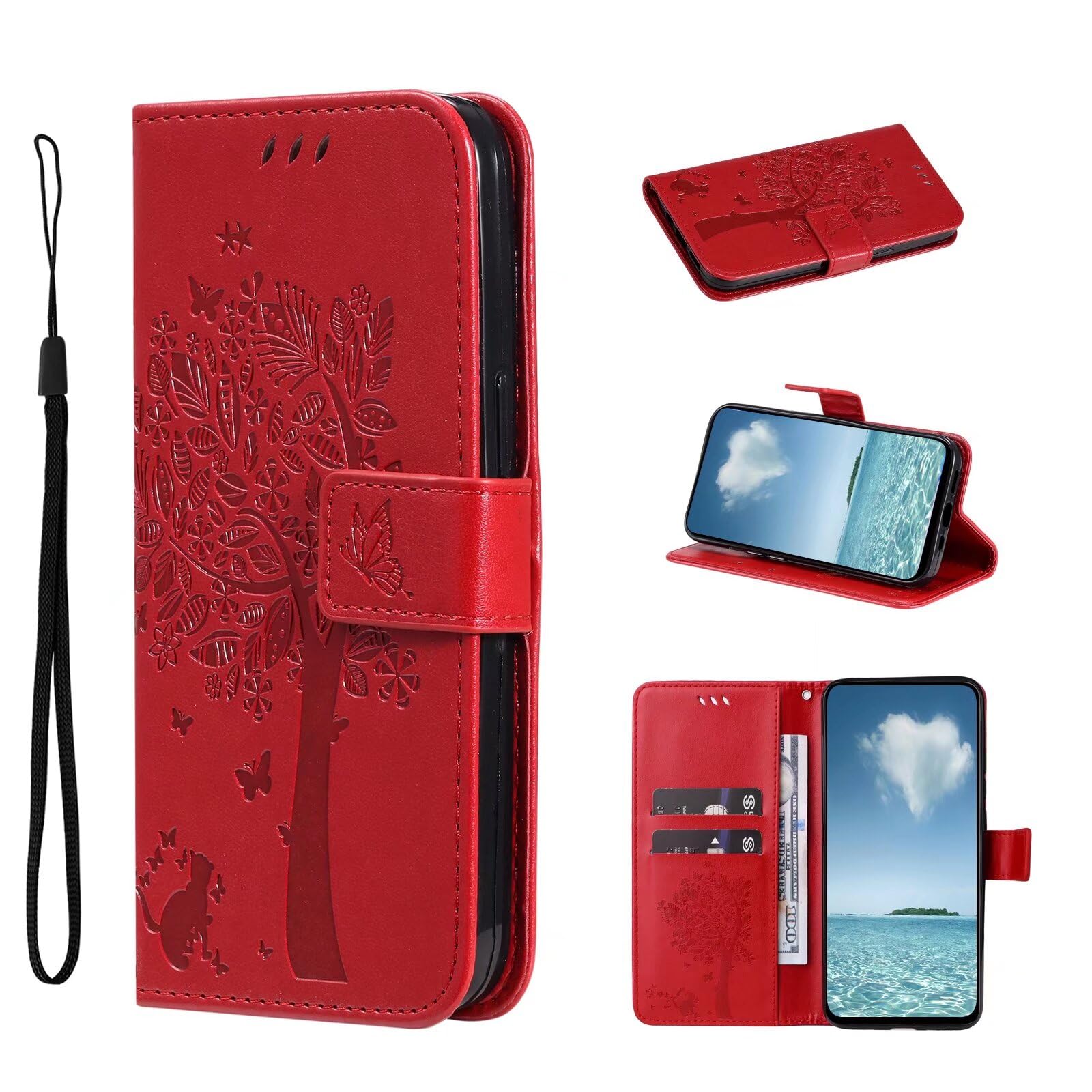 Coque Vivo V40 5G étui rouge à motif papillon en relief avec fente carte - 8