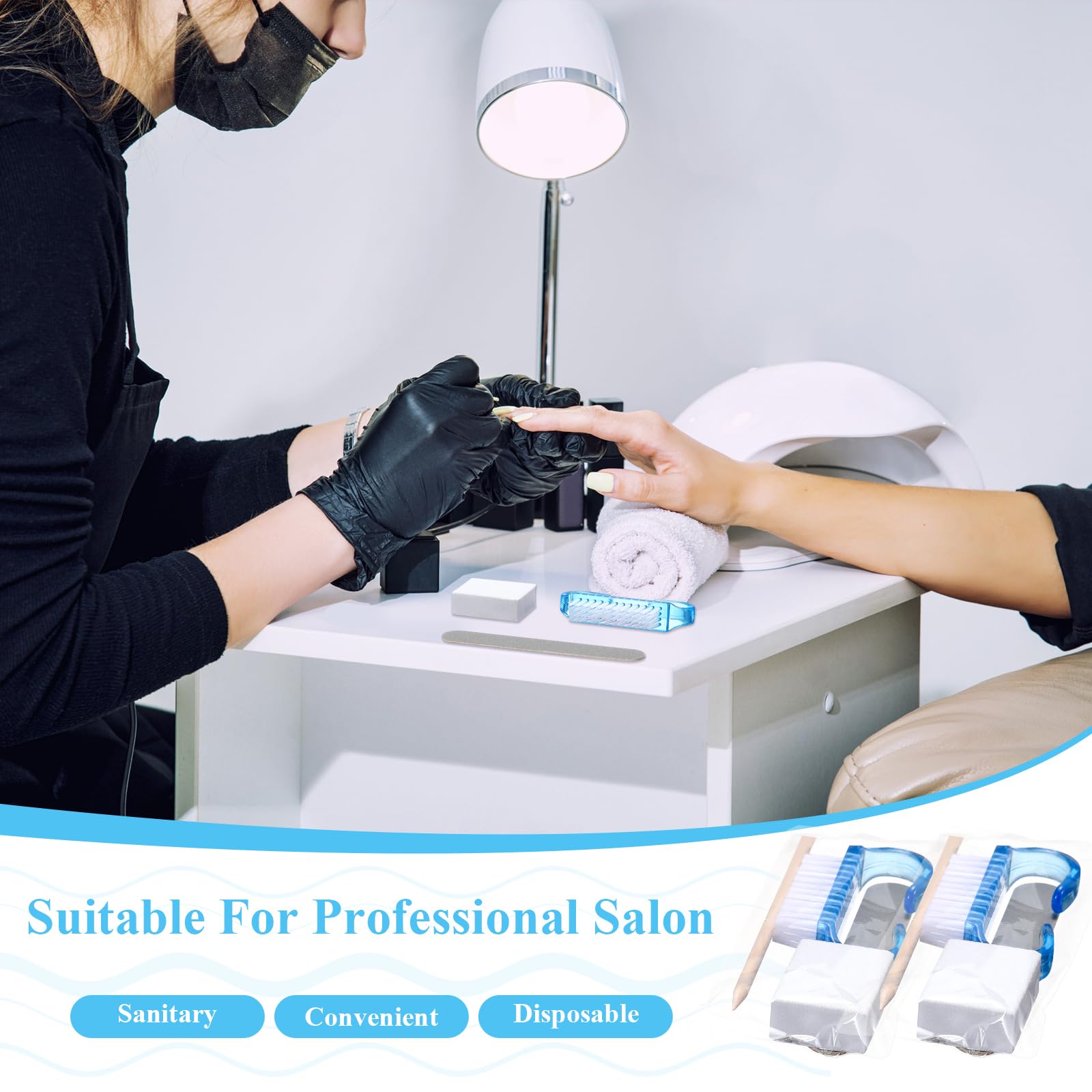 Set di 100 kit manicure usa e getta professionali basi, kit di 4 lime per unghie in legno grana 100/180, mini buffer grana 80/100, bastoncino di legno e pennello con impugnatura (blu)