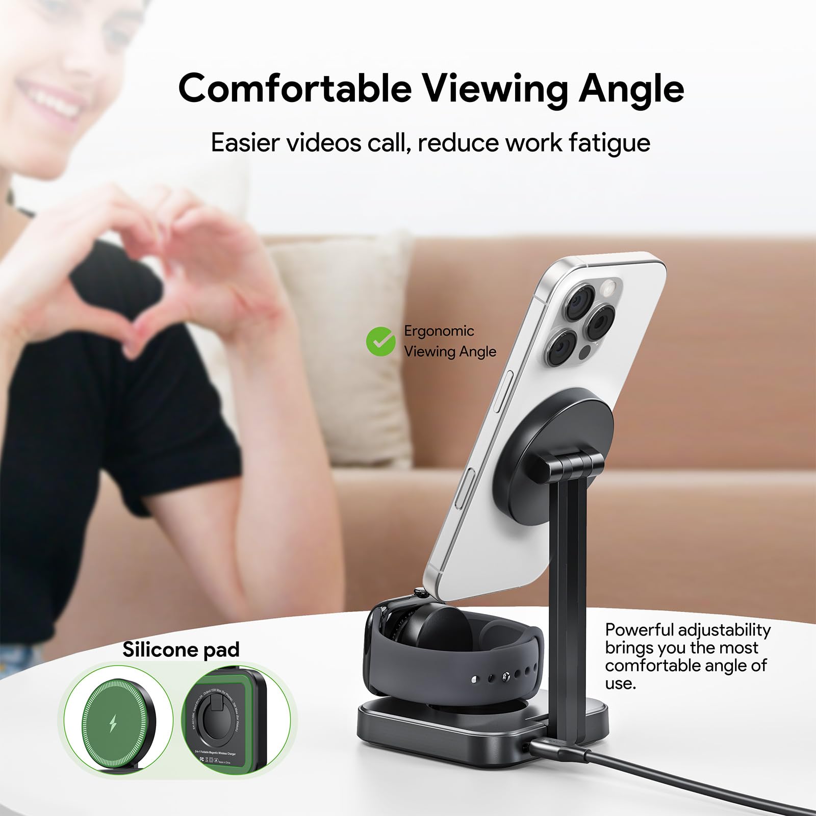 Caricabatterie wireless 2 in 1 da 15 W, stazione di ricarica rapida magnetica pieghevole per iPhone, Apple Watch e Smart Watch