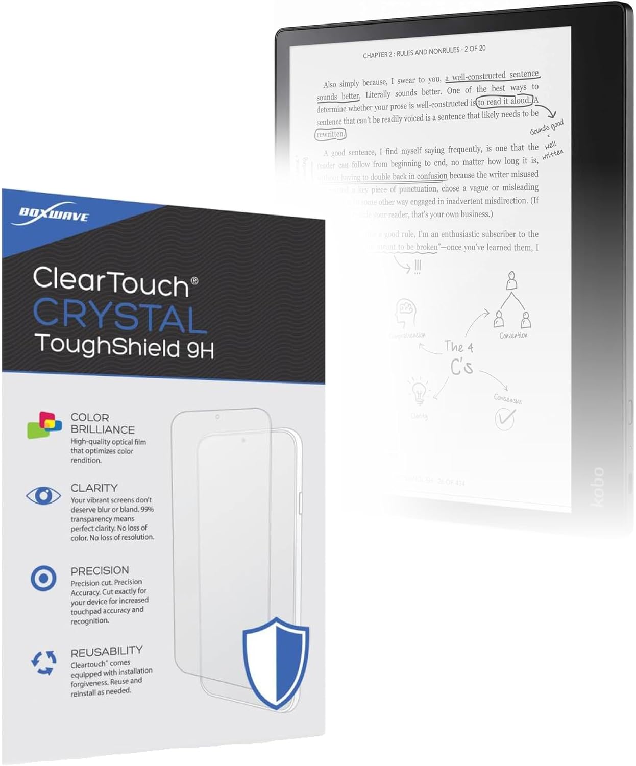 BoxWave Screen Protector Compatible with Kobo Elipsa - ClearTouch Crystal ToughShield 9H (2-Pack), Clear 9H Tough Flexible Film Screen Protector