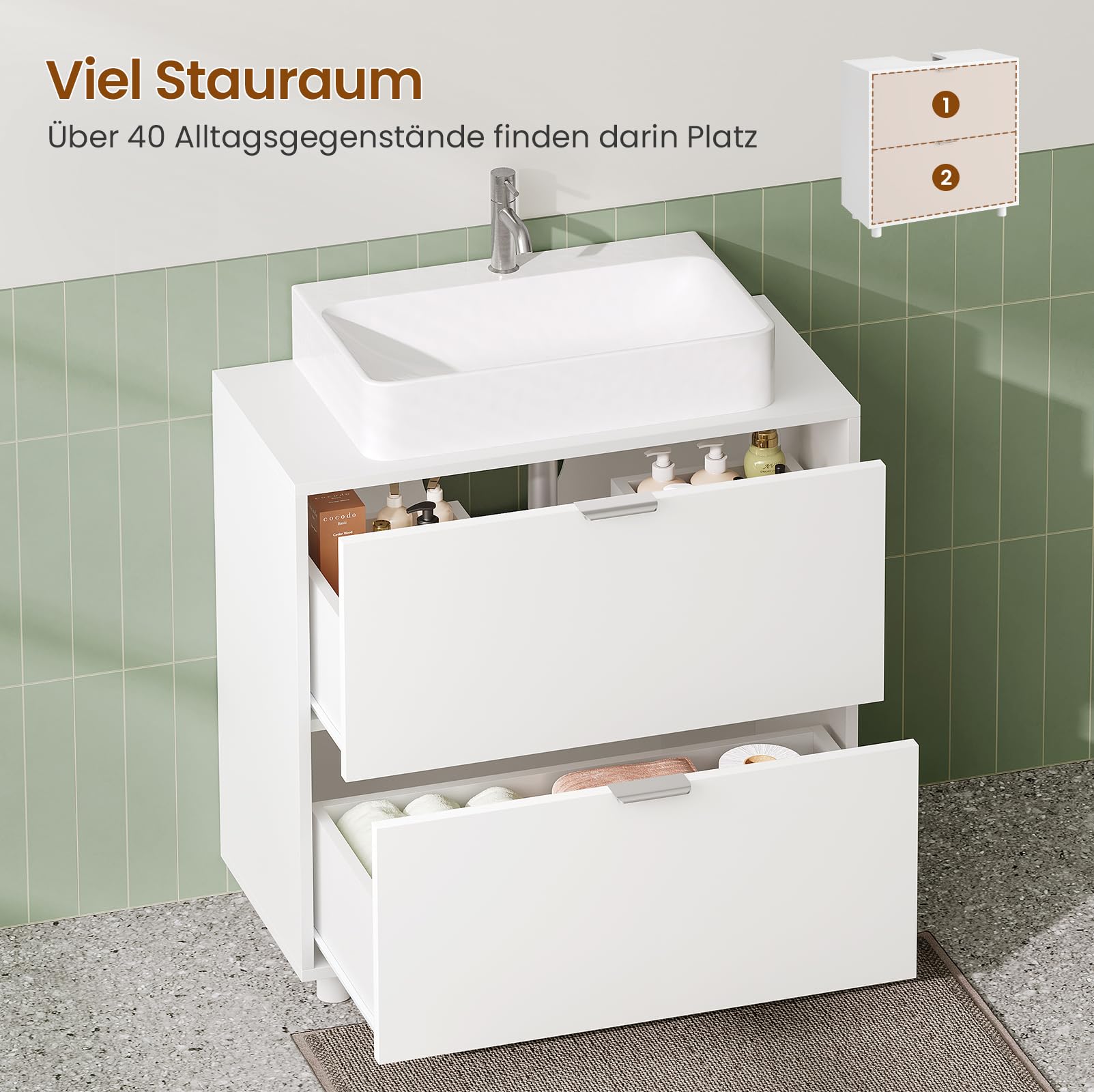 Waschbeckenunterschrank, Badezimmer Unterschrank Waschbecken mit 2 große Schubladen, Badezimmerschrank mit Füßen, Öffnung für Siphons, Badschrank, Waschtischunterschrank, 30 x 60 x 60 cm,Weiß