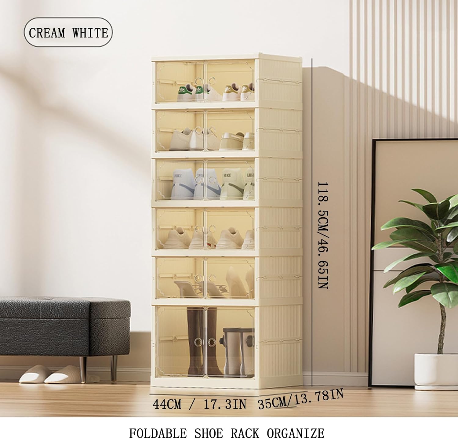 6Tier Foldable Shoe Rack Organizer for Closet,12Pairs Collapsible Plastic Shoe Shelf,Large Shoes Cabinet with Door,Clear Stackable Storage Box Easy Assembly,for Living Room (6Tier12Pairs Cream White)
