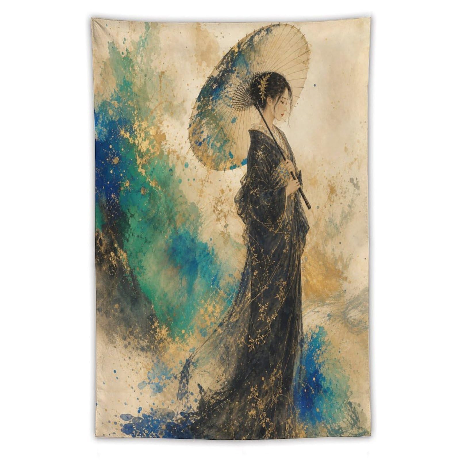 H3B8U2Y5 Woman with Parasol by Turquoise Wave Wall Tapestry, Reading Corner
