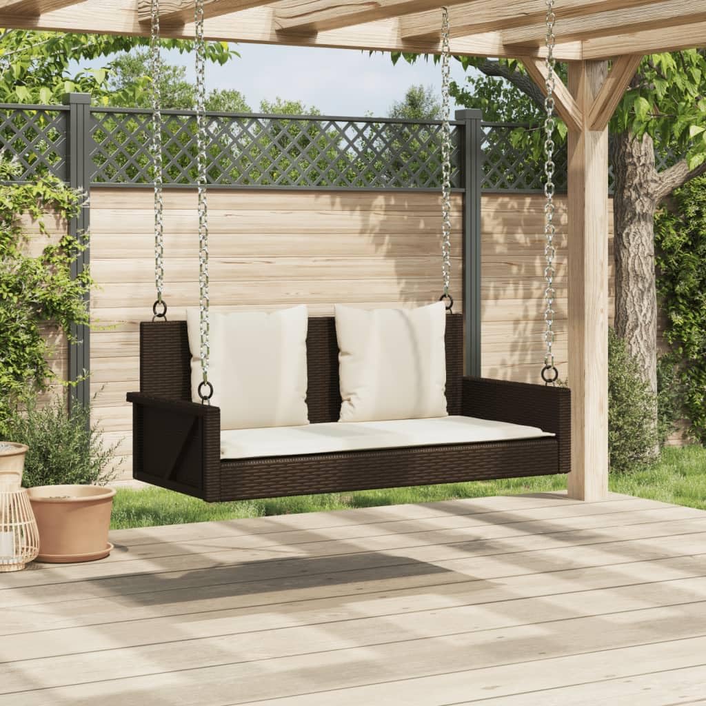 Wisząca ławka z poduszką, brązowa, 119 x 56 x 48 cm, polirattan, odporna na warunki atmosferyczne, stabilna ławka ogrodowa na zewnątrz, balkon, taras, z wygodną poduszką do siedzenia i