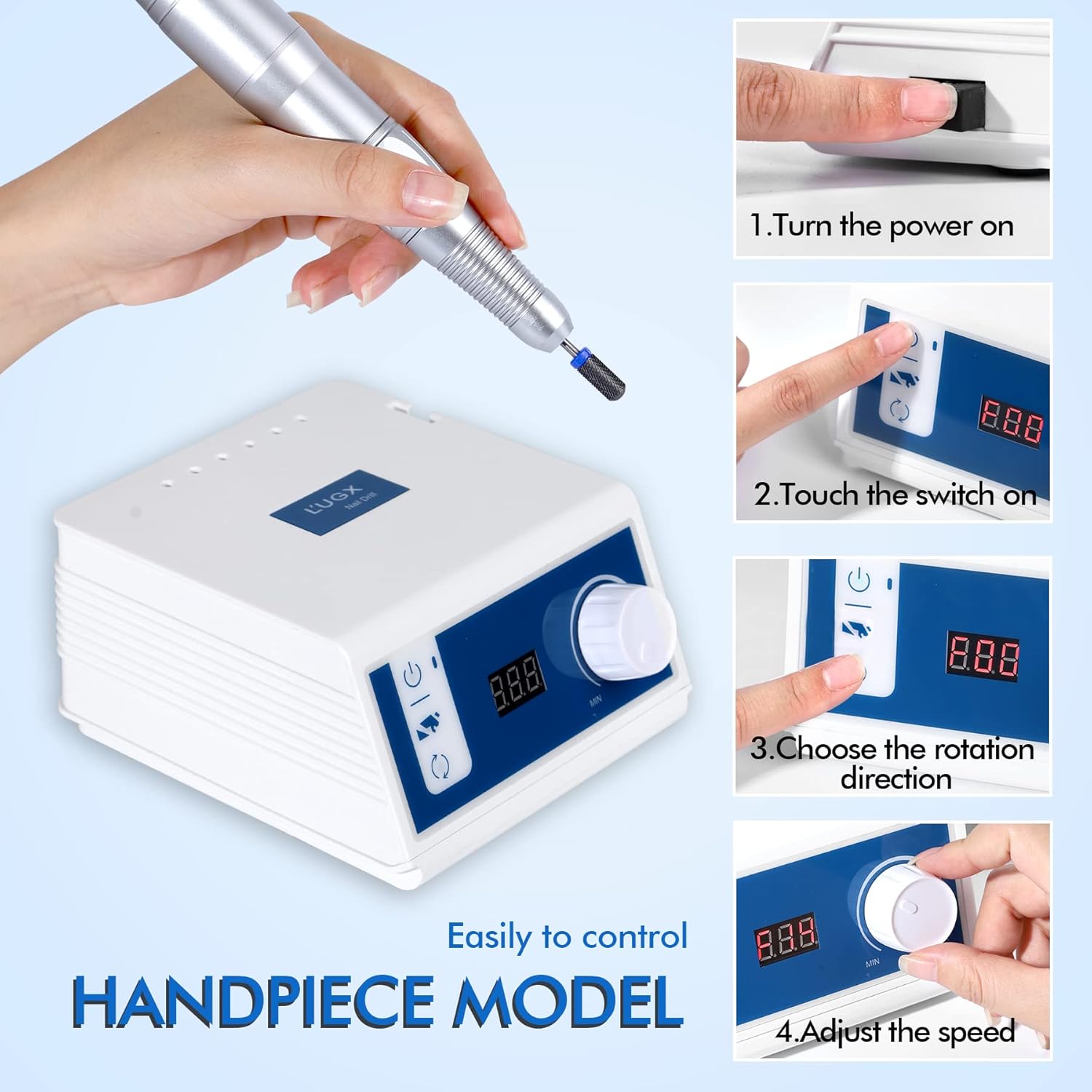 L'UGX Professional Nail Drill, 45000RPM Brushless Electric Nail File Manicure Pedicure, Perfect for Home Salon Use, Foot Pedal, Low Noise and No Vibration, 7 Nail Drill Bits