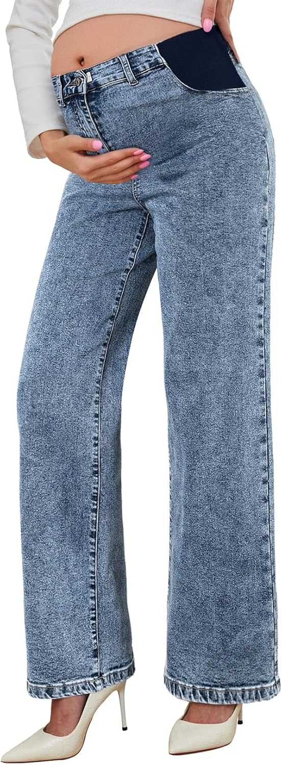 BLENCOT Maternity Jeans for Women High Waist Straight Leg Pregnancy Denim Pants with Pockets