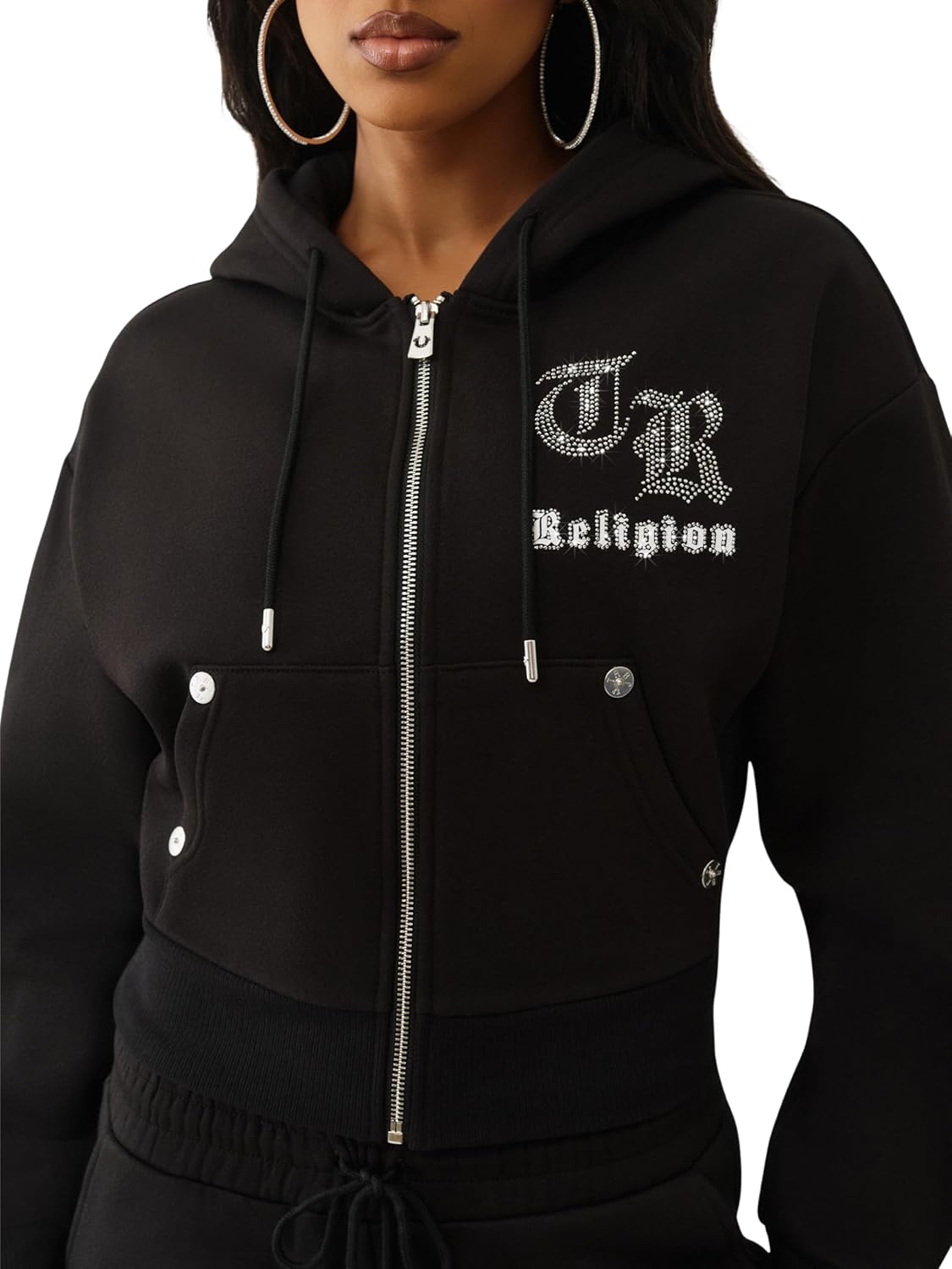 True Religion Crystal Logo Crop Zip Hoodie for Women – Cozy Fleece-Lined Cotton Blend - Image 5