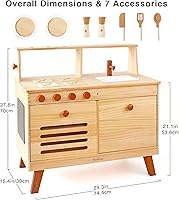 Vista 3 de PairPear Wooden Play Kitchen Set, Solid Pine Wood 2 in 1 Kids Kitchen & Market Shelf with Chalkboard, Natural Finish, 7 Piece Pretend Play Kitchen