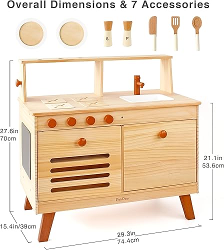 Miniatura 3 de PairPear Juego de cocina de madera, madera de pino maciza 2 en 1, estante de cocina y mercado para niños con pizarra, acabado natural, juego de