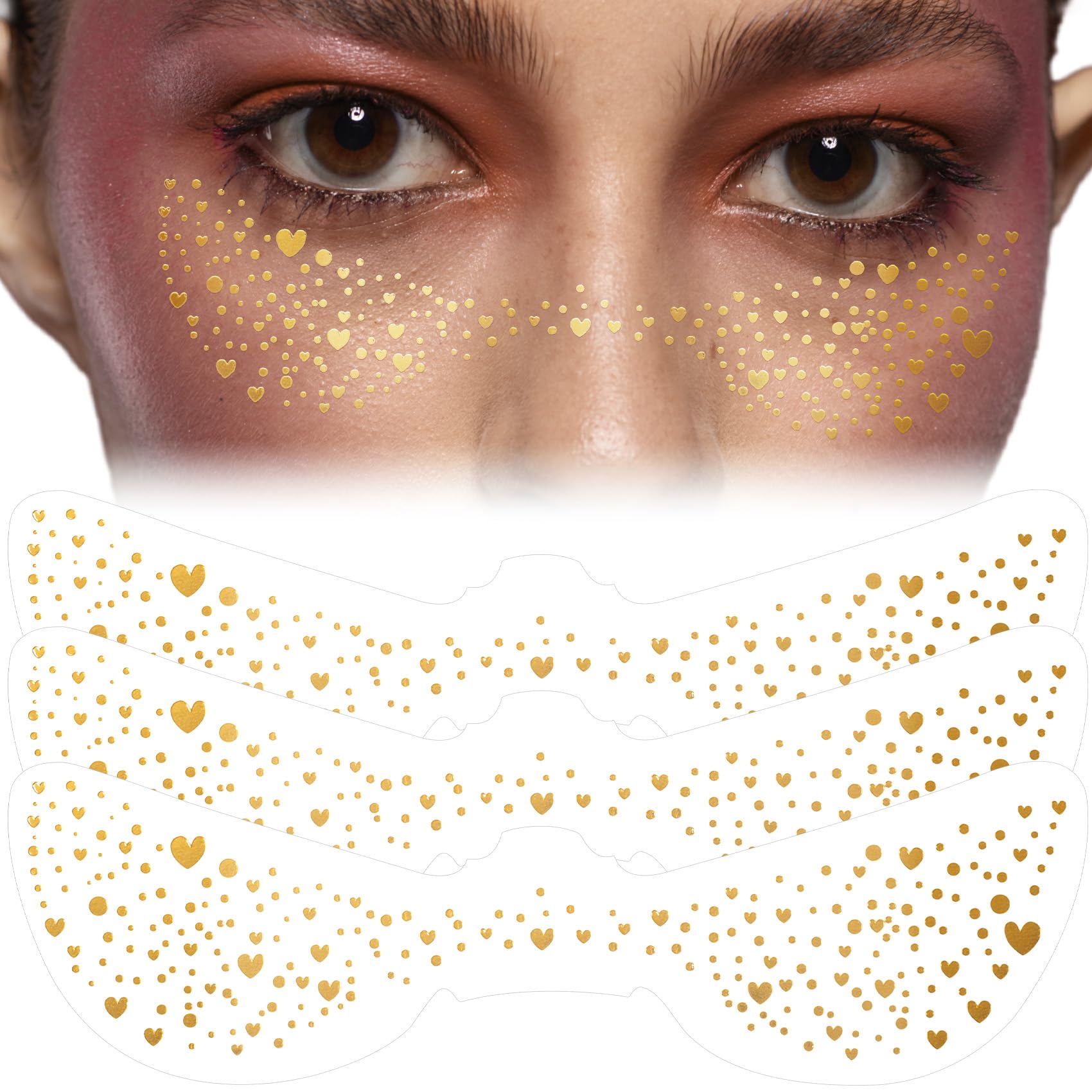 SmallCat 3 Sheets Glitter Freckles Face Tattoo Stickers, Gold Heart Glitter Makeup for Women, Waterproof Sparkle freckles, Faux Temporary Freckles for Face Body for Christmas Festivals Parties